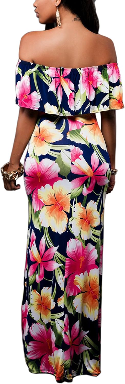 Suimiki Vintage Ruffle Plain Floral Printed Off Shoulder Bodycon Long Party Maxi Dress Navy Small - Image 2