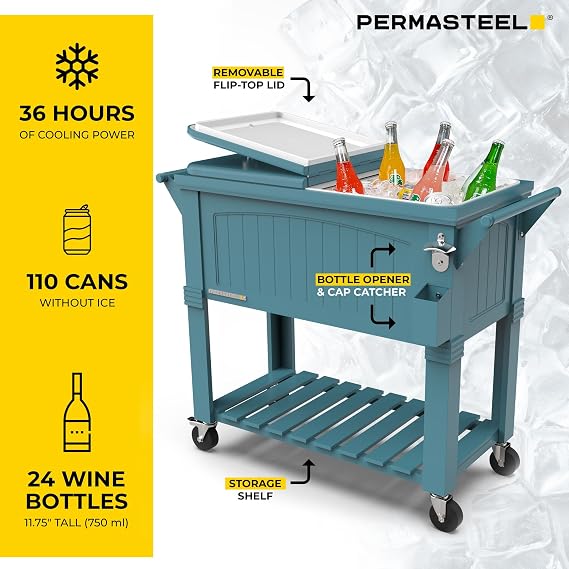 Permasteel Party Cooler with Divider, Spacious 80-Qt Capacity, Chills 36hrs, Serving Tray, Rolling Ice Chest for Indoor and Outdoor Entertainment, Matte Teal