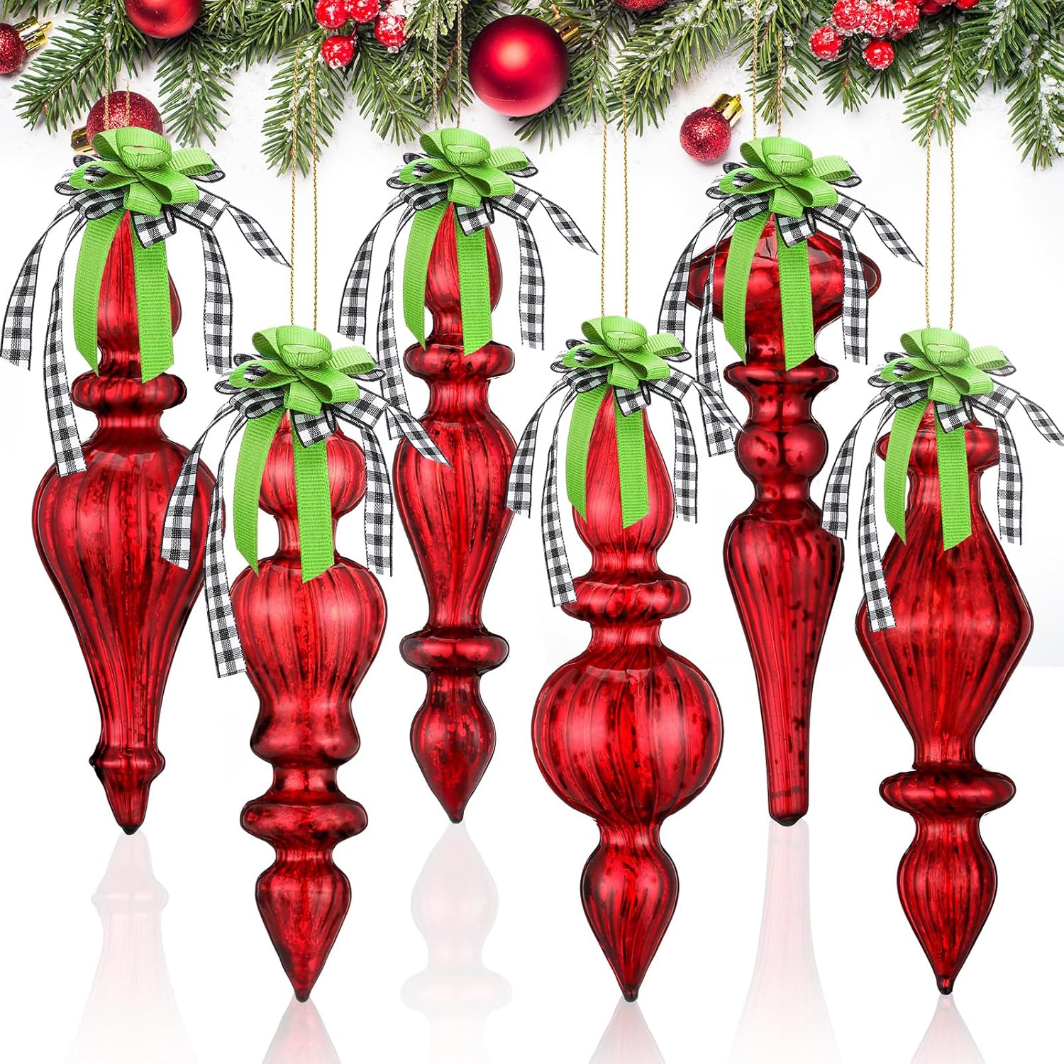 Liliful 6 Pcs 6.3 Inch Burgundy Red Mercury Glass Finial Christmas Hanging Finials Ornaments Assorted Mercury Glass Decor for Christmas Xmas Tree Vintage Holiday Decoration - Image 4