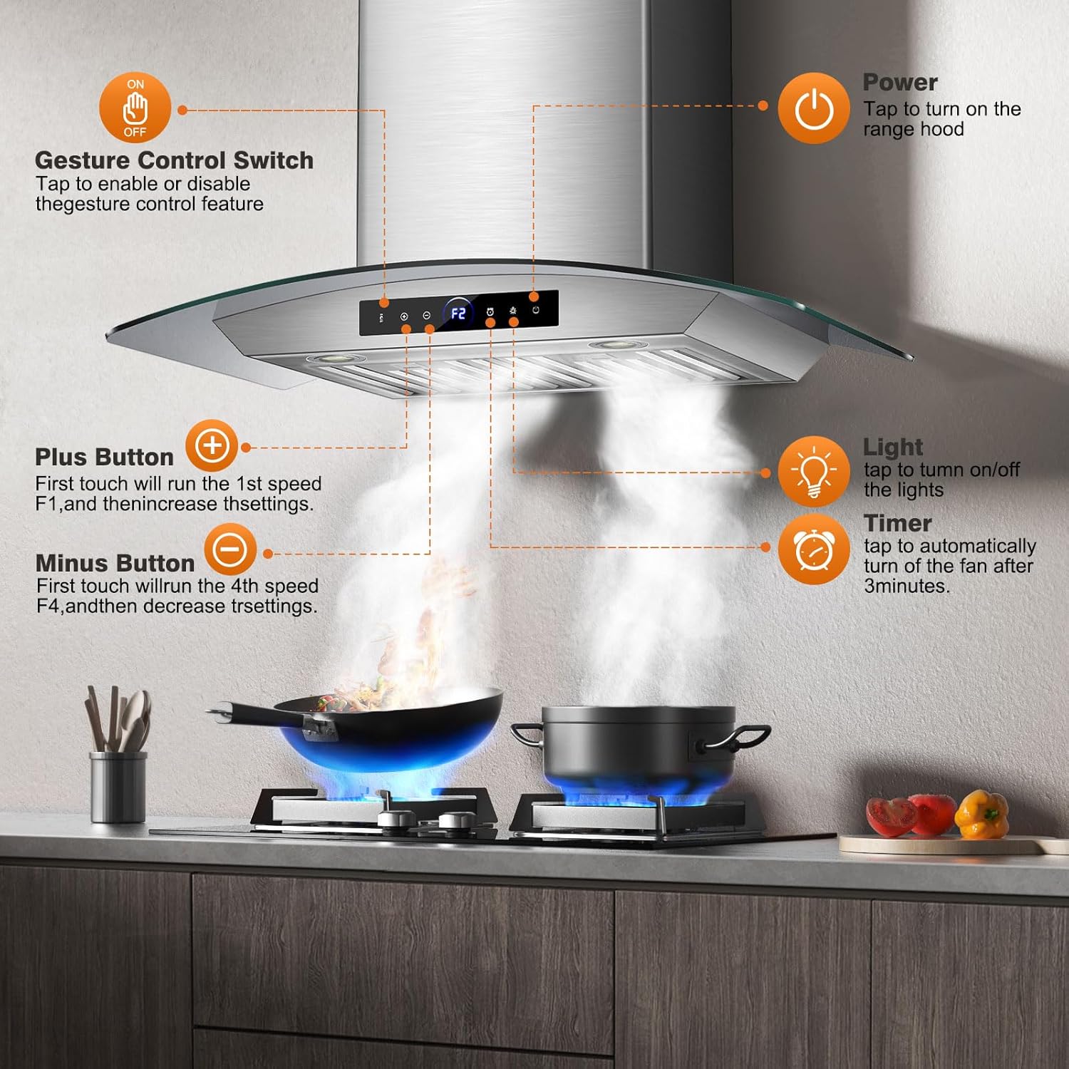 36 Inch Wall Mount Range Hood 1200 CFM, 4-Speed Wall Mount Range Hood with Touch Control & Gesture Sensing Stainless Steel Kitchen Stove Vent Hoods with 2 LED Lights Pro Series