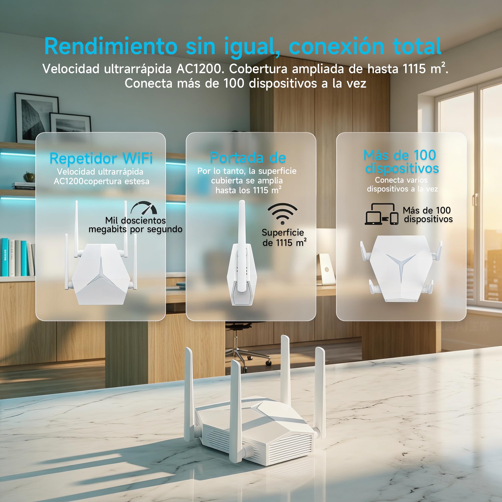 Repetidor WiFi Largo Alcance 1167Mbps, Extensor Señal Doble Banda 2.4G+5G para Casas Grandes Oficinas, Elimina Zonas Muertas