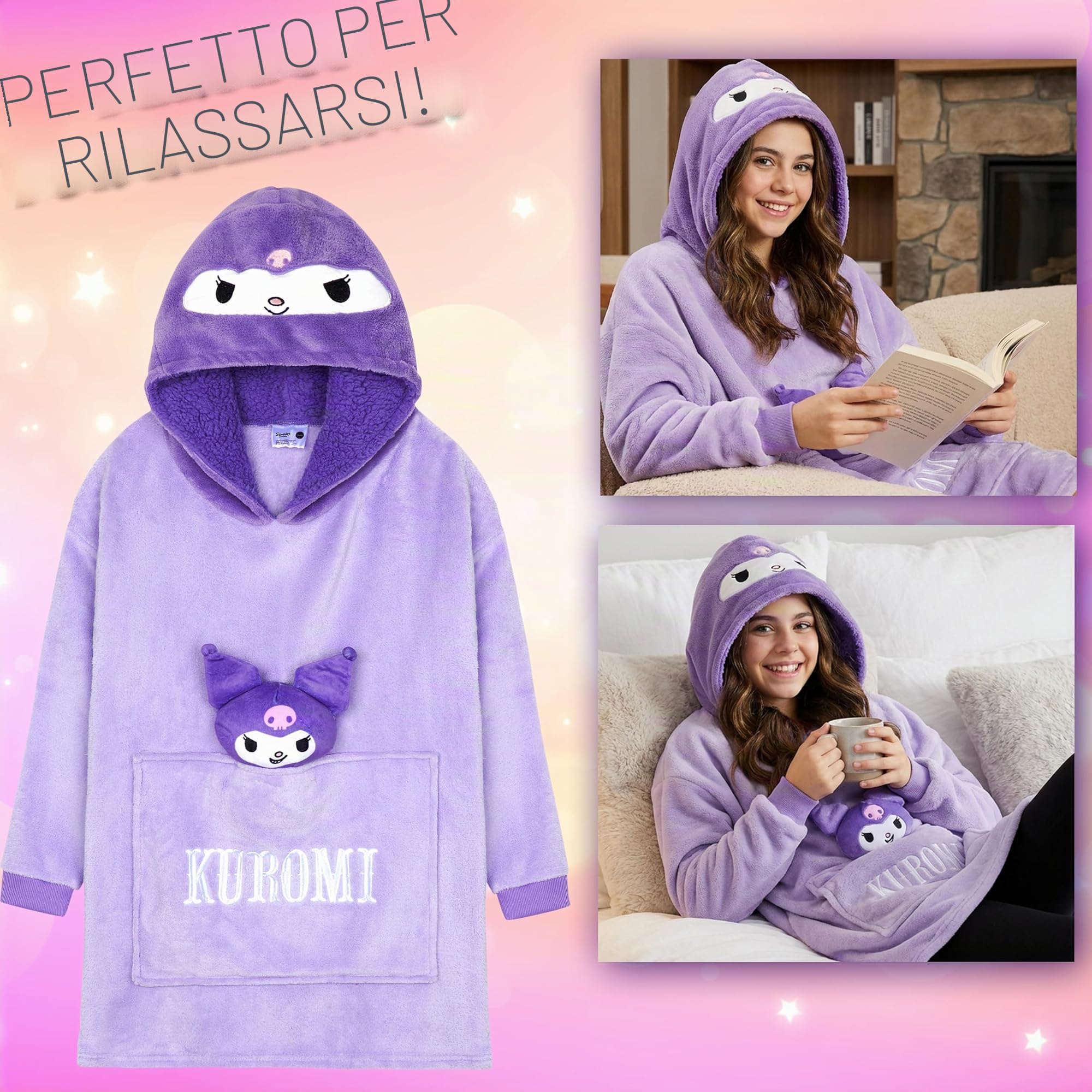 Hello Kitty Sanrio Felpa Coperta Bambina Adolescenti con Cappuccio, Kawaii Oversize Coperta Indossabile, Anime Regalo Ragazza