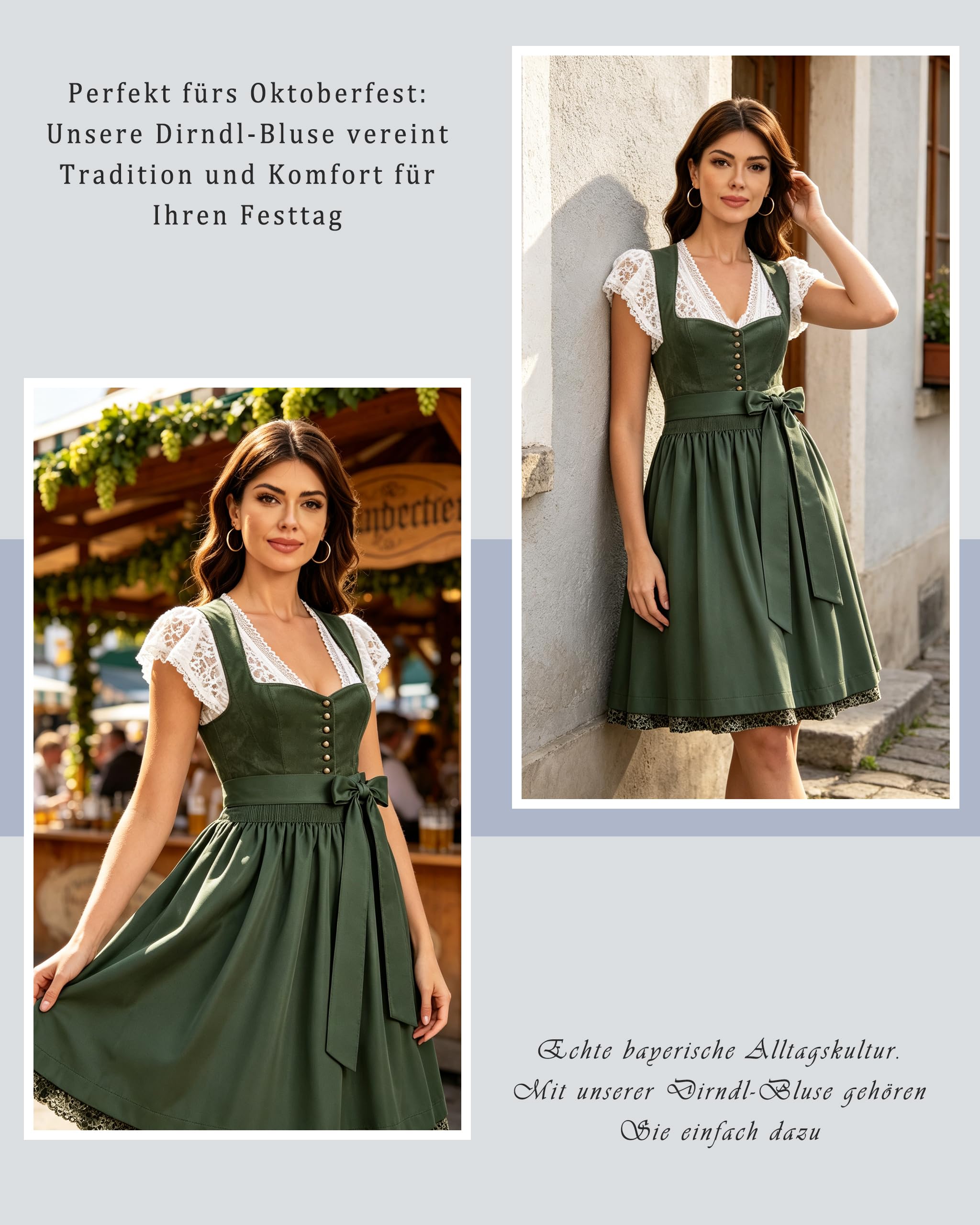 Blouse Dirndl Femme Manches Volantées Blouse Traditionnelle Oktoberfest Élégante avec Décolleté en V et Dentelle Blanc Taille 34-44