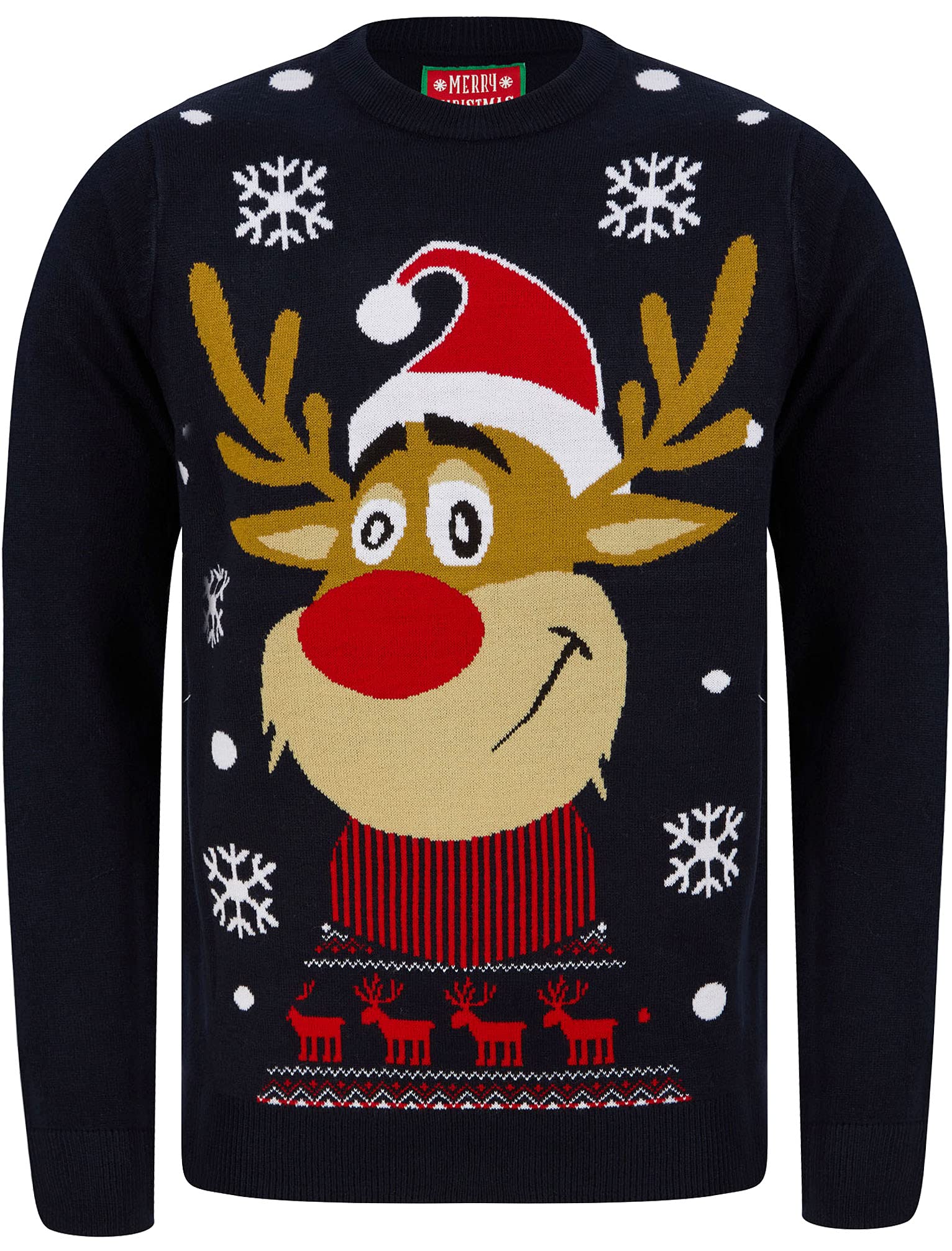 Tokyo Laundry Rudolph Smile Motif Novelty Christmas Jumper in Ink – Merry Christmas - S