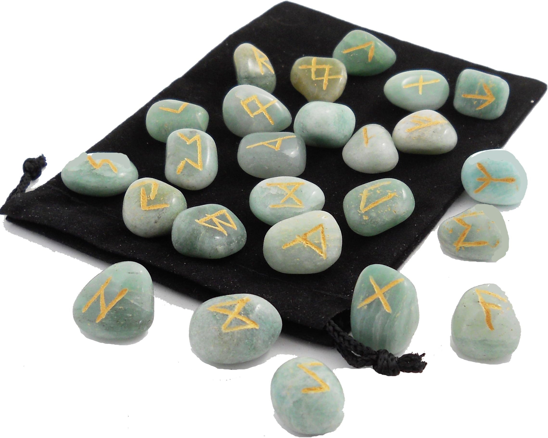 AVENTURINE RUNE STONES SET + 192 Page GUIDE BOOK + POUCH ~ Crystal Gemstones Are Engraved / Etched In Popular Elder Futhark Alphabet