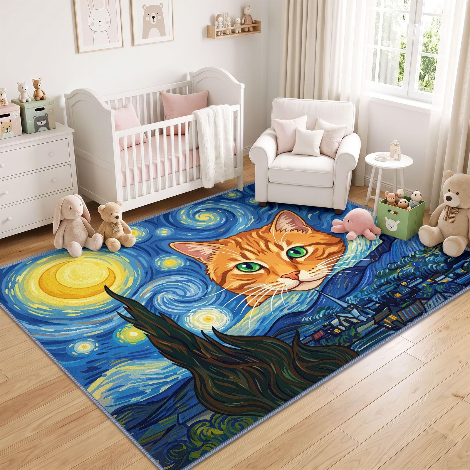 Tapis de Salon Lavable en Machine 160 x 230 cm, Peinture À L'Huile Animaux Chat Ciel Étoilé Tapis Chambre, Antidérapant, Poils Courts, Douce, Adapté à L'aspirateur pour Entree Interieur, Couloir, Bleu
