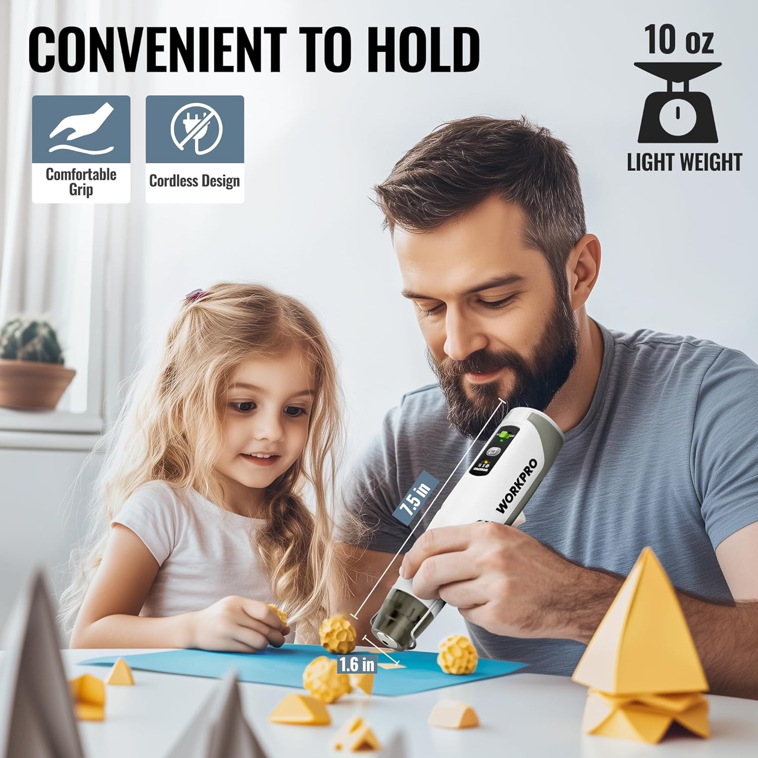 WORKPRO 7.2V Cordless Mini Heat Gun for DIY Crafts, 4000mAh Hot Air Gun, 1.5s Fast Heating, 3 Temp Settings (Cool/572°F/842°F), USB-C Rechargeable — Perfect for Halloween Crafts & Decorations