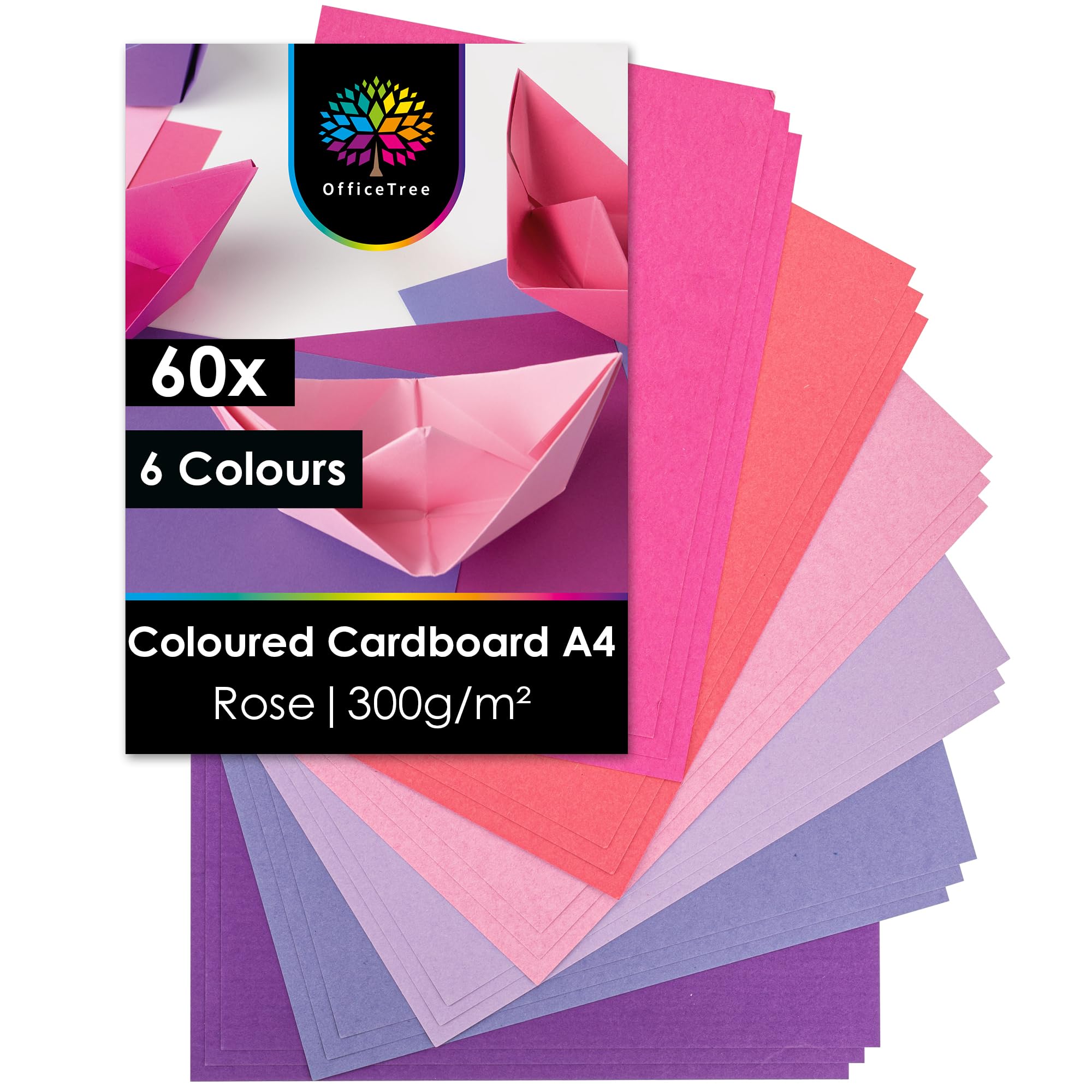 OfficeTree 60x Card A4 300g - 6 Colours - Pink Coloured for Crafting & Printing - 6 Shades from Pale Pink Card to Purple
