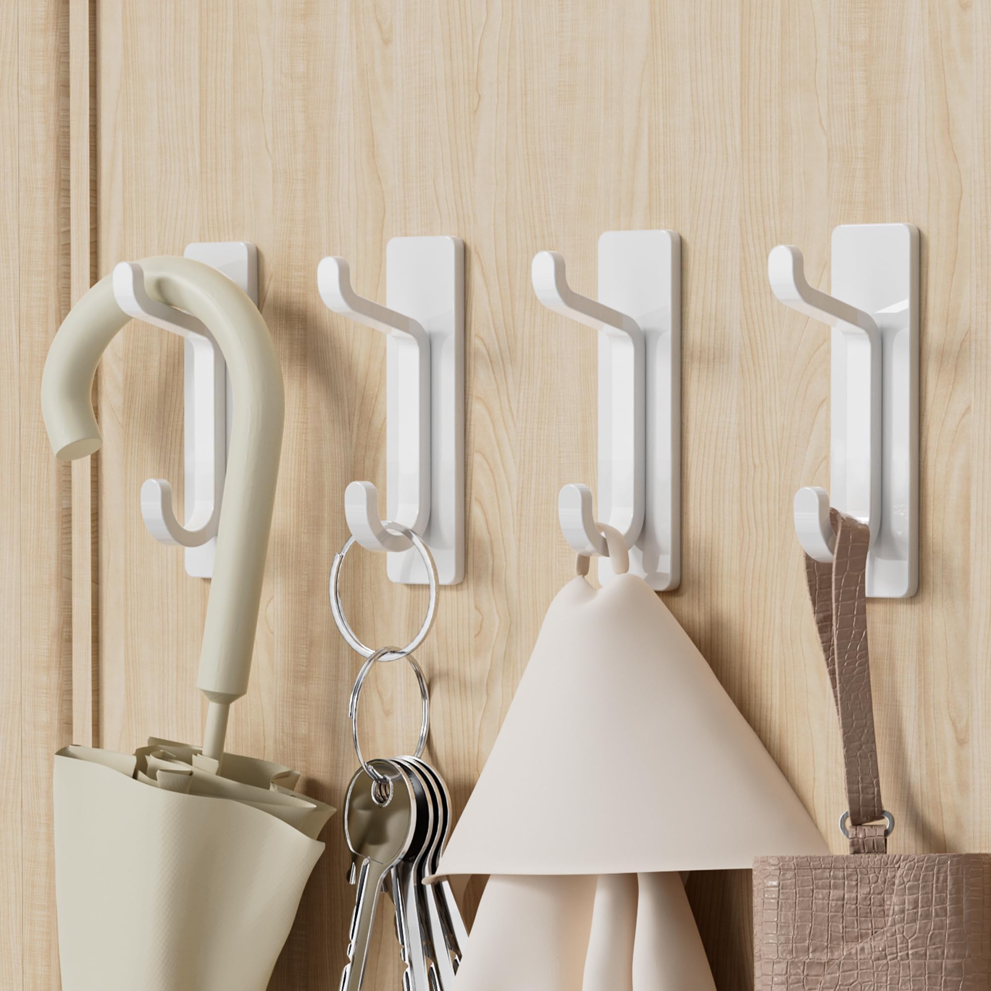 Self Adhesive Hooks, Sticky Hooks Extra Sturdy, Hanging up to 6KG, Metal Stainless Heavy Duty Stick on Wall Door, for Towel Coat Hat Purse in Bathroom Shower, White, 4 Pack