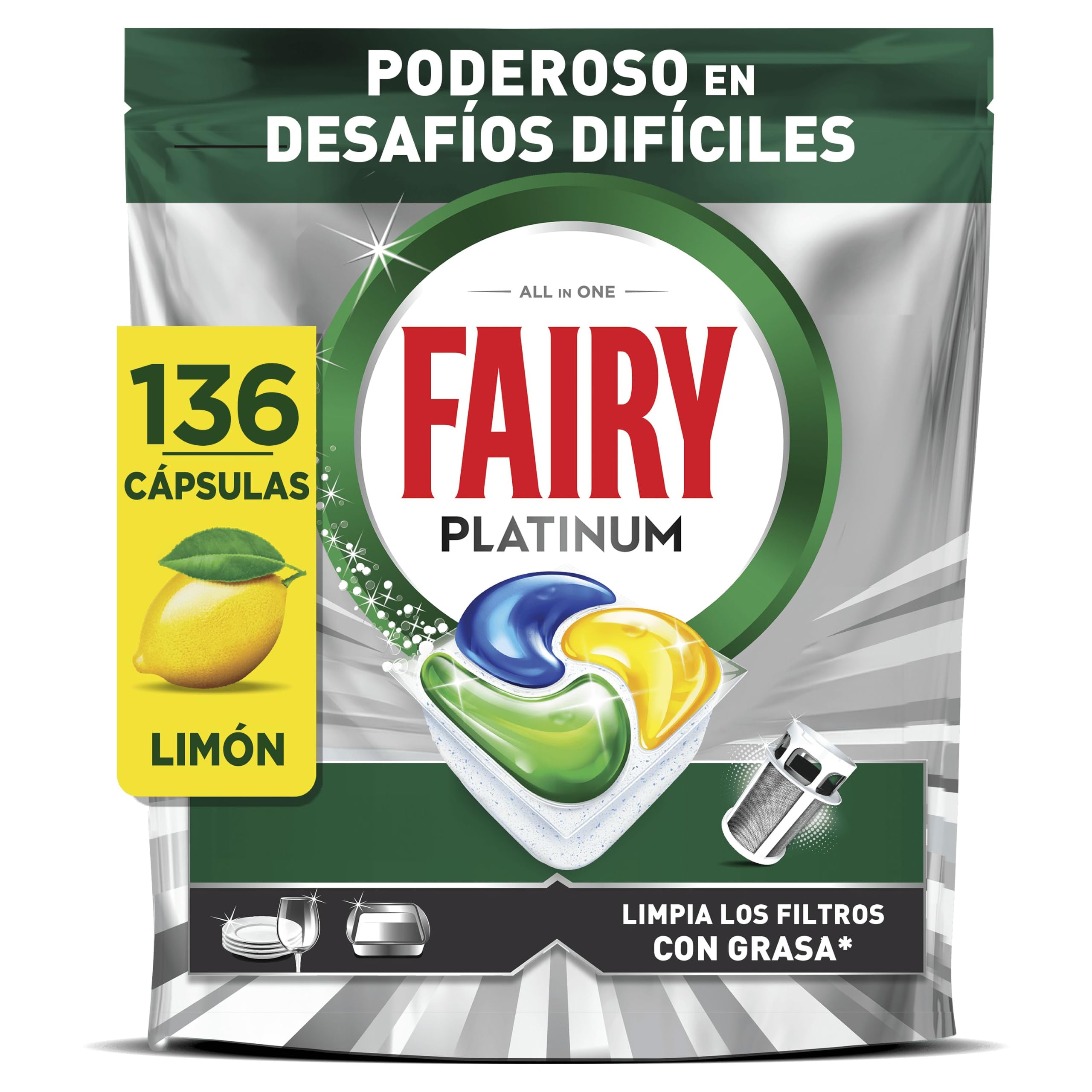 Fairy Platinum Cápsulas De Lavavajillas, Limón, 34 Cápsulas, Potente Incluso Con Los Restos De Comida Más Difíciles, Platos Limpios, Lavavajillas Brillante, Filtro Limpio Sinasa (Paquete de 4) en oferta en Amazon