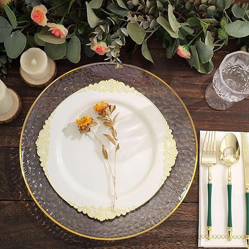 Miniatura 6 de Efavormart - Paquete de 6 platos de carga de plástico martillados transparentes con borde dorado de 13 pulgadas, platos desechables redondos para