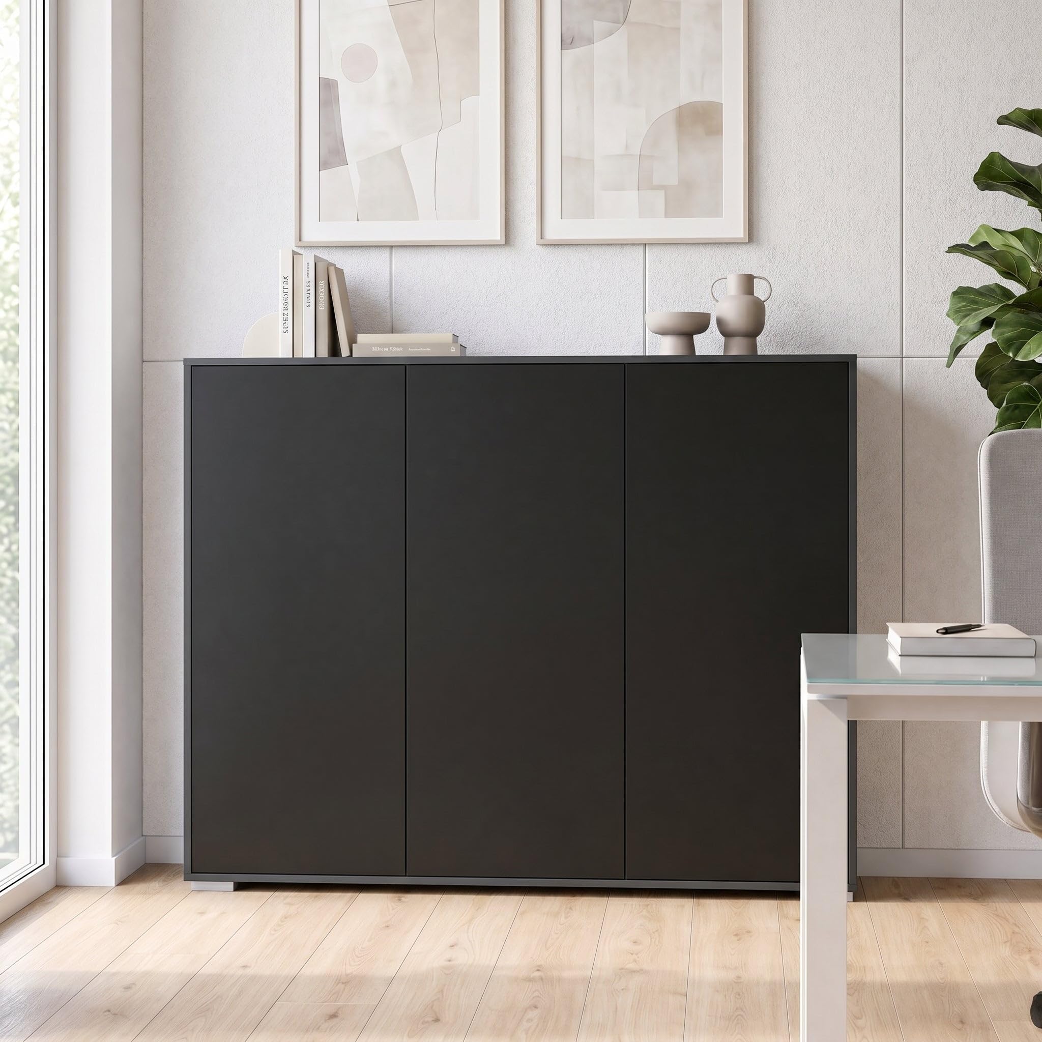 Highboard Elena M2, Aktenschrank mit Push-to-Open, Made in Germany, Moderner Schrank für Wohnzimmer Büro Anthrazit matt/Schwarz matt (152,5 x 118 x 37 cm)