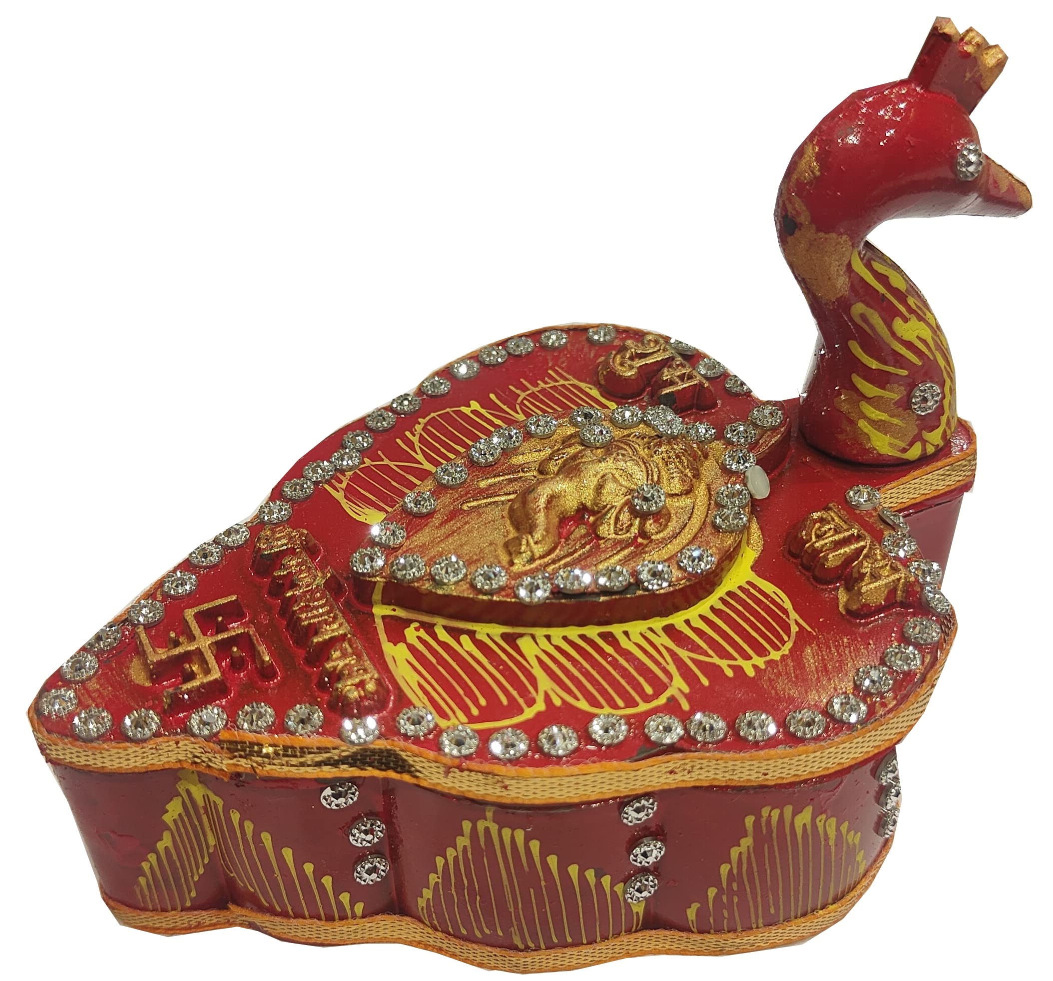Pack of 2 Handicrafts Tika Chopra in Peacock Shape Meenakari Work/Kumkum Box with Roli Chawal Tika Stick, Chawal-Akshat-Haldi Wooden Chopda for Gift and Pooja Decorative Purpose Item (Red) #dd002-image-9