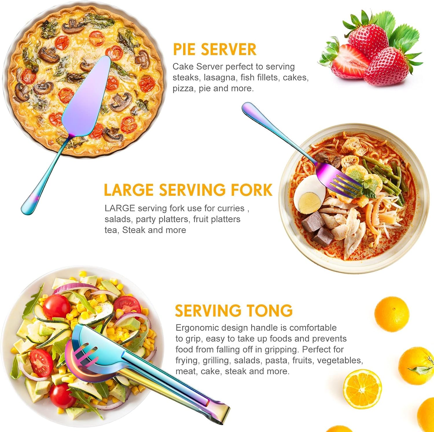 Serving Utensils Include Large Serving Spoons Slotted Serving Spoons Serving Forks Serving Tongs Soup Ladle and Pie Server Buffet Catering Serving Utensils for Dishwasher Safe (Rainbow,10 Pieces)