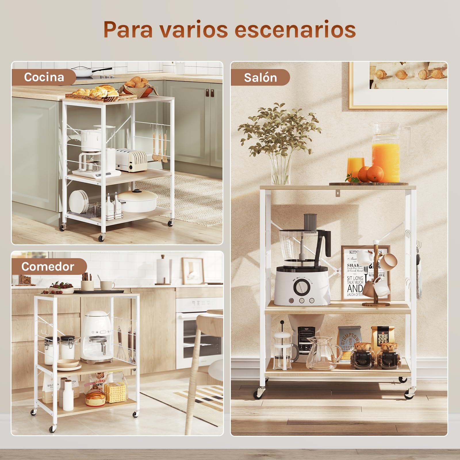 WOLTU Estantería de Cocina con Ruedas, Carrito Auxiliar con Estanteria Almacenaje 3 Niveles, Carro Cocina con 4 Ganchos, Estante de Microondas, Marco Metalico, Blanco + Roble Claro, 60x40x82,5 cm