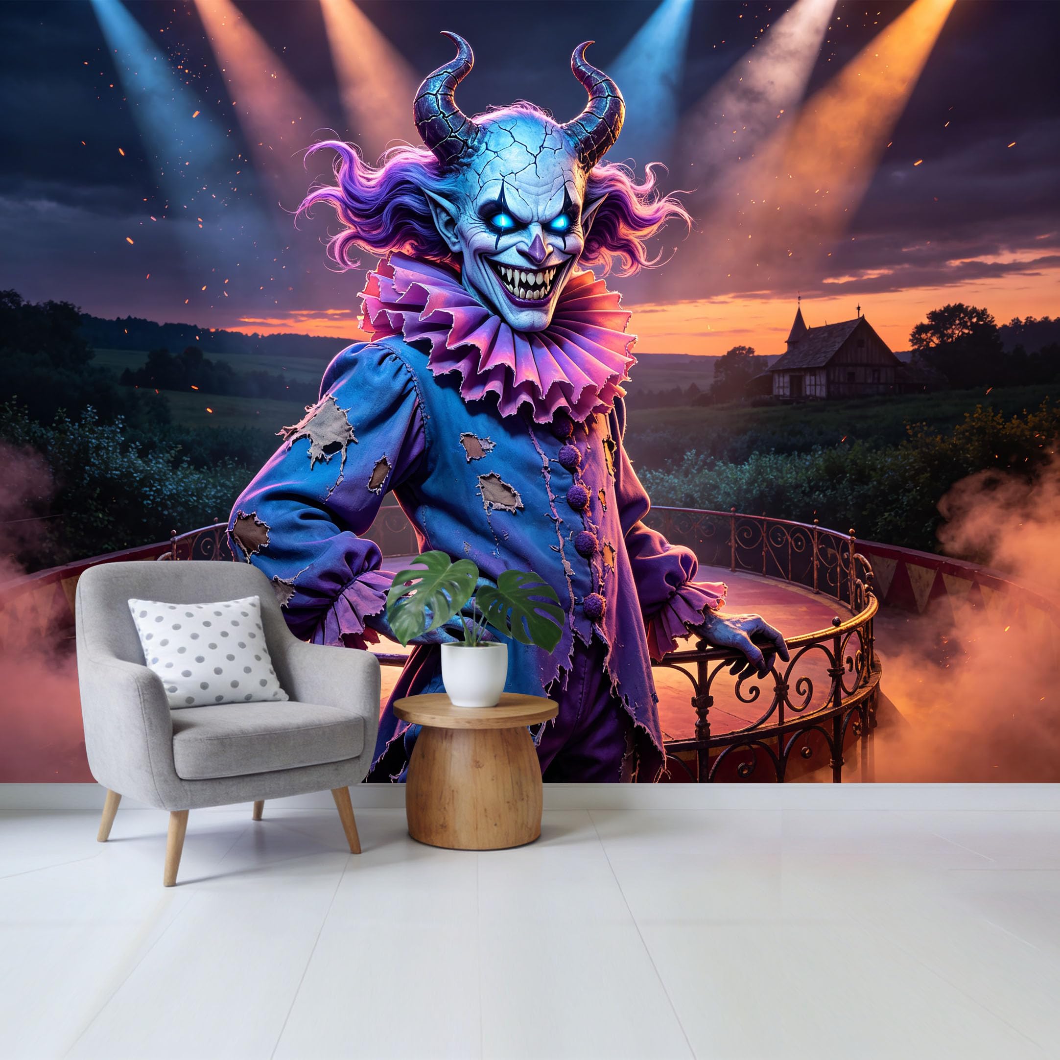 Custom Size Wall Mural Dark Fantasy Demon Clown Stage Performance 3D Trompe L'Oeil Removable Self Adhesive Fabric Home Wall Decor for Living Room Bedroom Bathroom