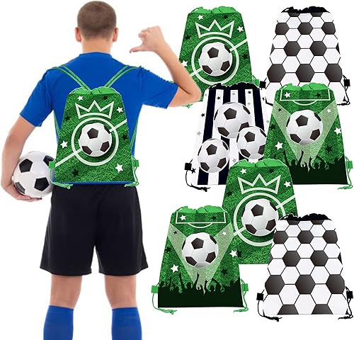 Miniatura 6 de CC HOME Paquete de 12 bolsas con cordón de fútbol, bolsas de recuerdo de fiesta de fútbol para niños, decoraciones de bebé con temática de fútbol de