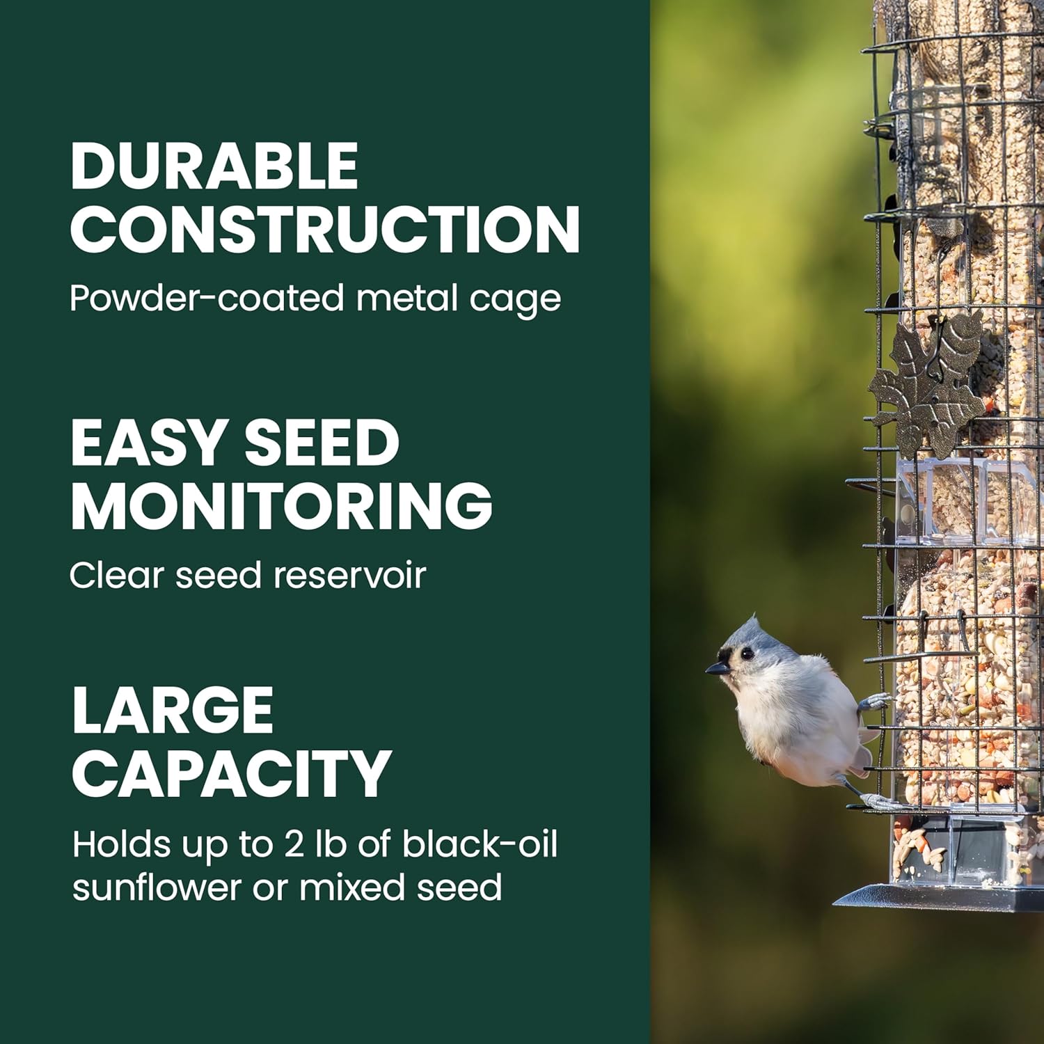 A squirrel attempting to climb the Perky-Pet Squirrel-Be-Gone Feeder, with text explaining how the weight-activated cage slides down to block ports.