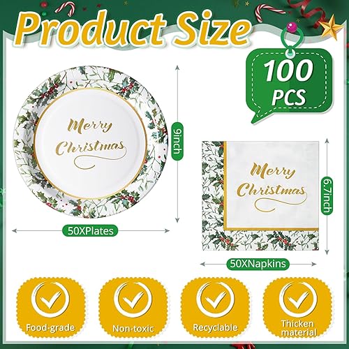 Miniatura 8 de Juego de 100 platos desechables para fiestas de Navidad, juego de vajilla de Navidad para cena, almuerzo, postre, aperitivo, decoración de fiesta de