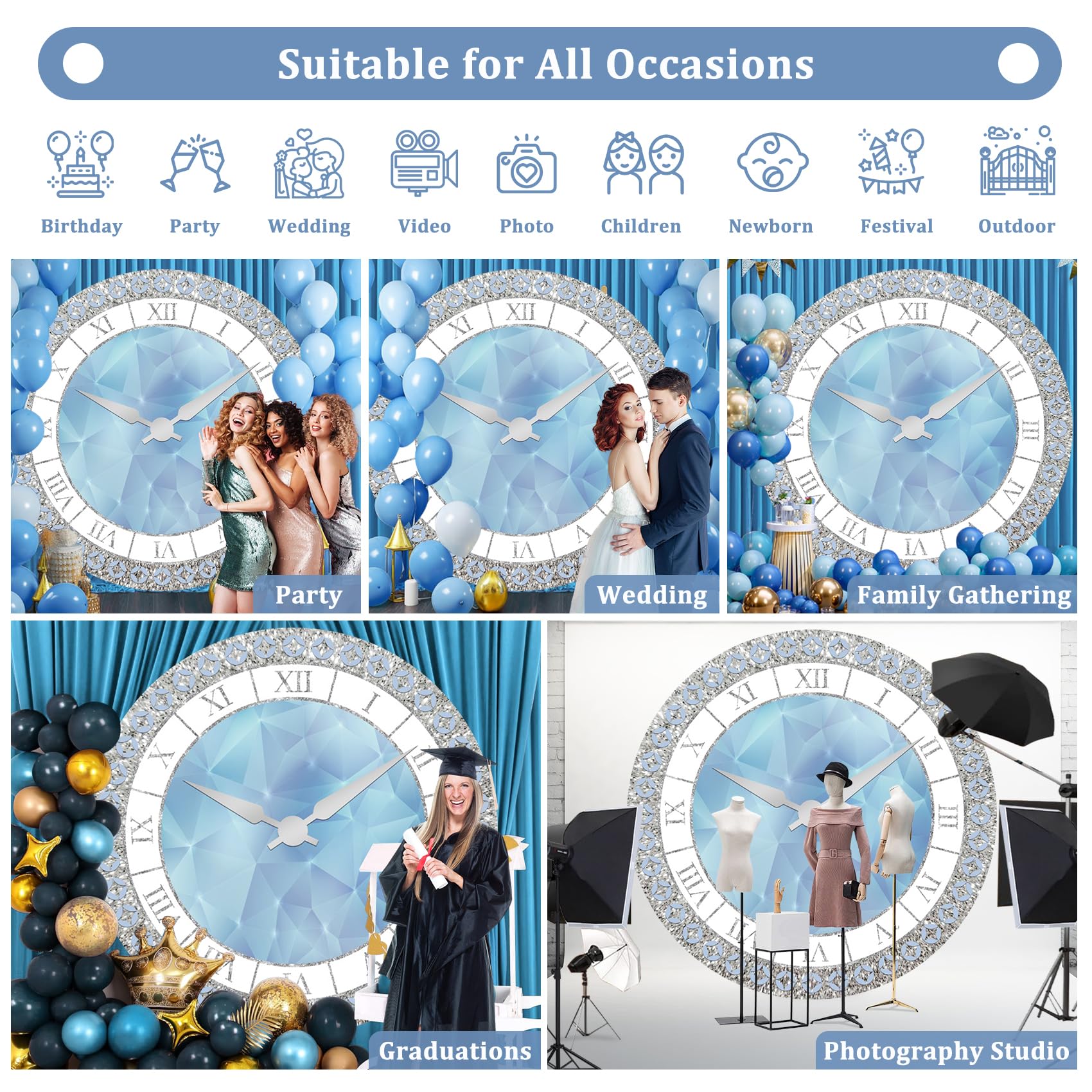 Renaiss Toile de fond ronde en tissu pour photographie d'anniversaire, fête du Nouvel An, 2 x 2 m, bleu argenté