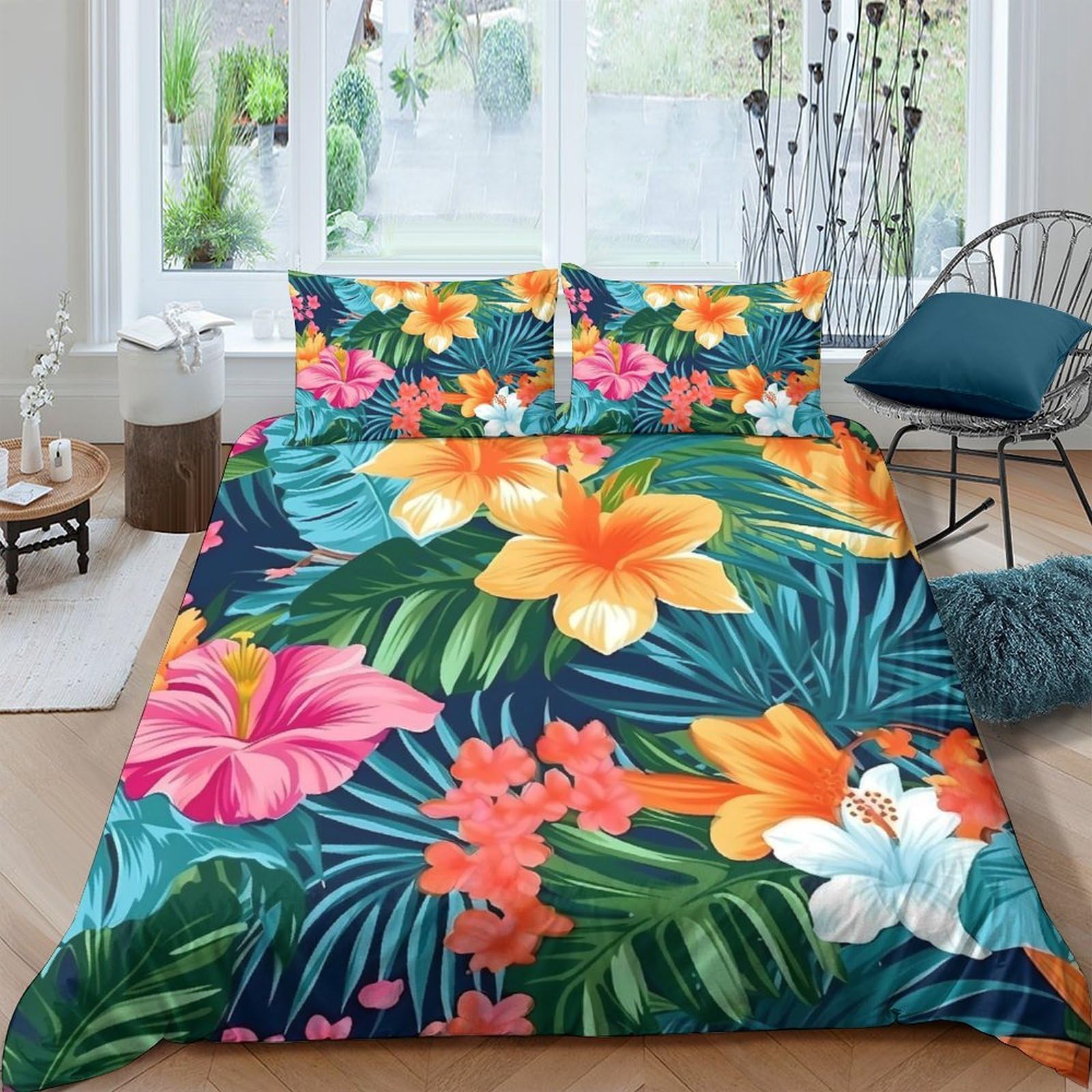 GPLZQXKJNH 3D Printed Tropical Floral Duvet Cover Microfiber Soft Breathable Vibrant Hibiscus Bedding Set with 2 Pillowcases for Bedroom Decor Single（135x200cm）