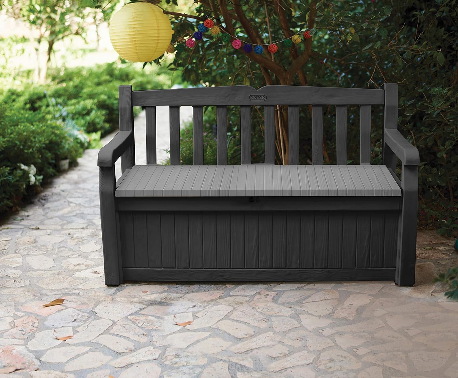 Keter Solana 70 Gallon Storage Bench Deck Box for Patio Furniture, Front Porch Decor and Outdoor Seating – Perfect to Store Garden Tools and Pool Toys, Grey : Patio, Lawn & Garden