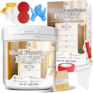 Wood Furniture Paint, 18oz White Wood Paint, All in One Ready to Use for Refinishing Chairs, Tables, Cabinet, Dressers - Matte, Water-Based, Odorless UV/Rain Resistant Outdoor & Indoor with Tools