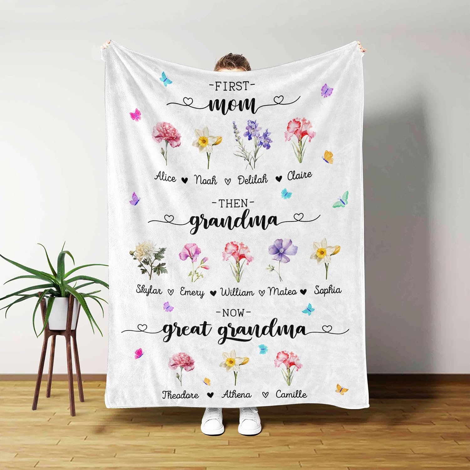 First Mom Then Grandma Now Great Grandma Blanket, Mothers Day Birthday Gifts for Grandmas Mimi Gigi Nana Gifts for Women, Personalized Blankets With Names for Grandmas, Mom Blankets Gift for Her
