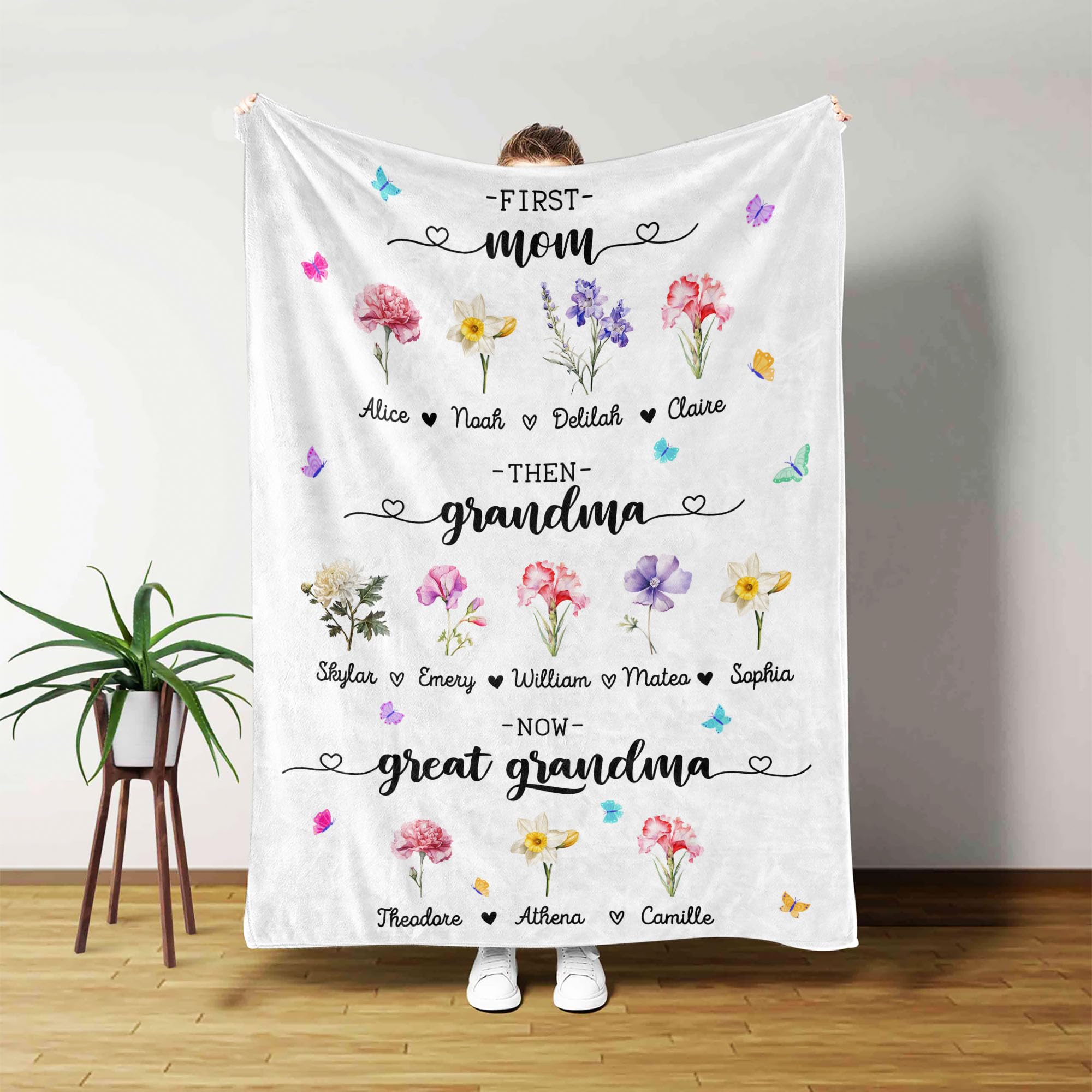 First Mom Then Grandma Now Great Grandma Blanket, Mothers Day Birthday Gifts for Grandmas Mimi Gigi Nana Gifts for Women, Personalized Blankets With