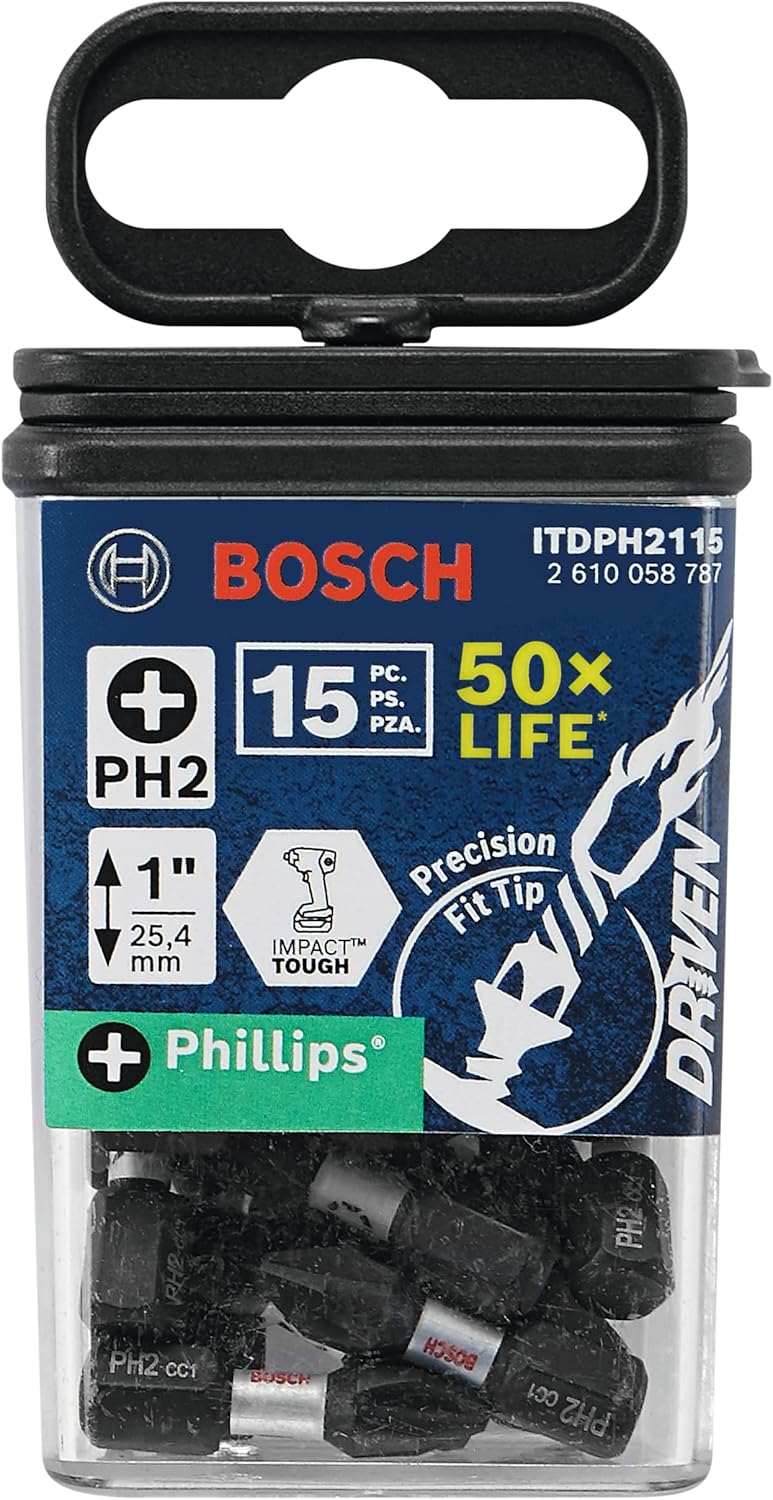 BOSCH ITDPH2115 15-Pack 1 In. Driven Phillips #2 Impact Tough Screwdriving Insert Bits