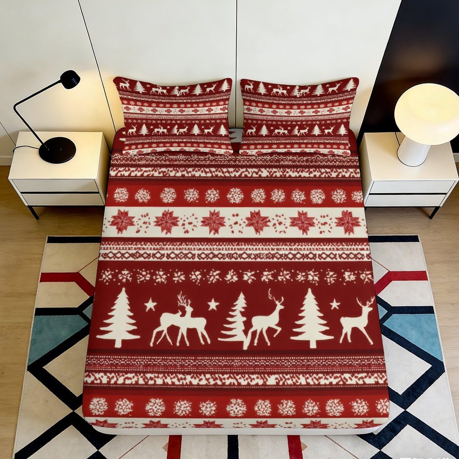 3D Printed Christmas Deer Pattern Fitted Sheet Microfiber Soft Breathable Winter Snowflake Bed Cover for Bedroom Dormitory Guest Room Mattress Protection 140x200x25cm