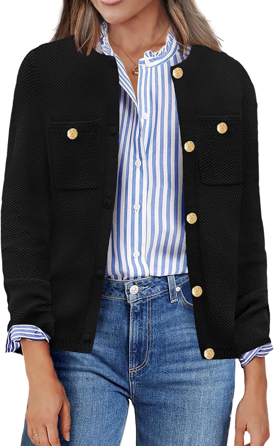 Zeagoo Womens Knit Cardigan Sweaters Button Down Shirts Long Sleeve Crew Neck Ribbed Knit Blouse Open Front Work Tops