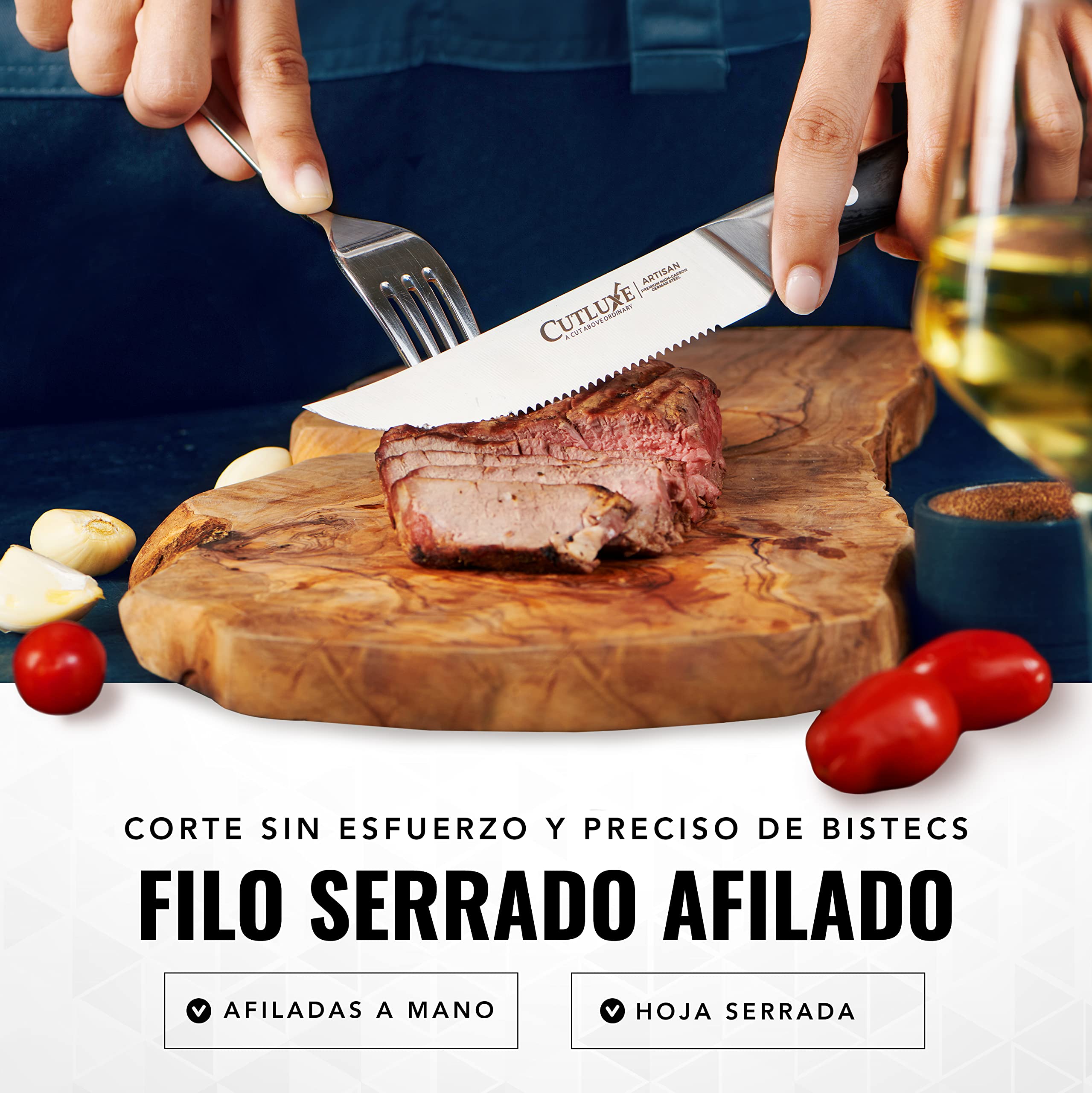Cutluxe Cuchillos Carne – Juego de 8 Cuchillos de Mesa, Cuchillos Sierra – Acero Alemán Alto Carbono Forjado, Espiga Completa, Diseño Ergonómico Mango – Serie Artesanal