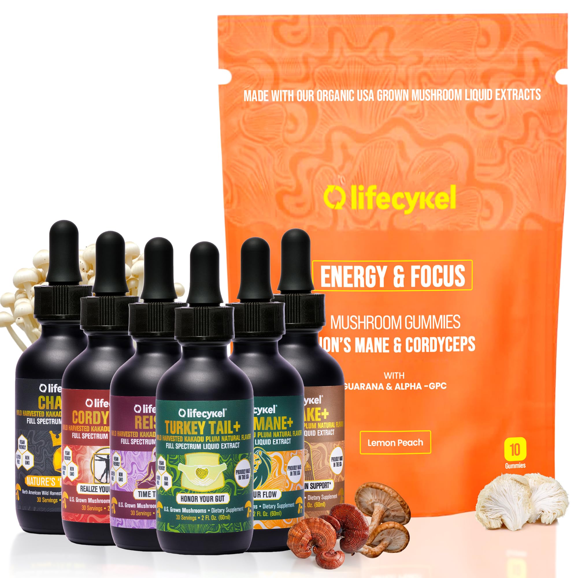 Life Cykel Premium Mushroom Extract Liquid Bundle – Lion’s Mane, Cordyceps, Reishi, Chaga, Turkey Tail & Shiitake (1oz Each) with Included Energy Gummies (10-Count), for Vitality & Mental Clarity