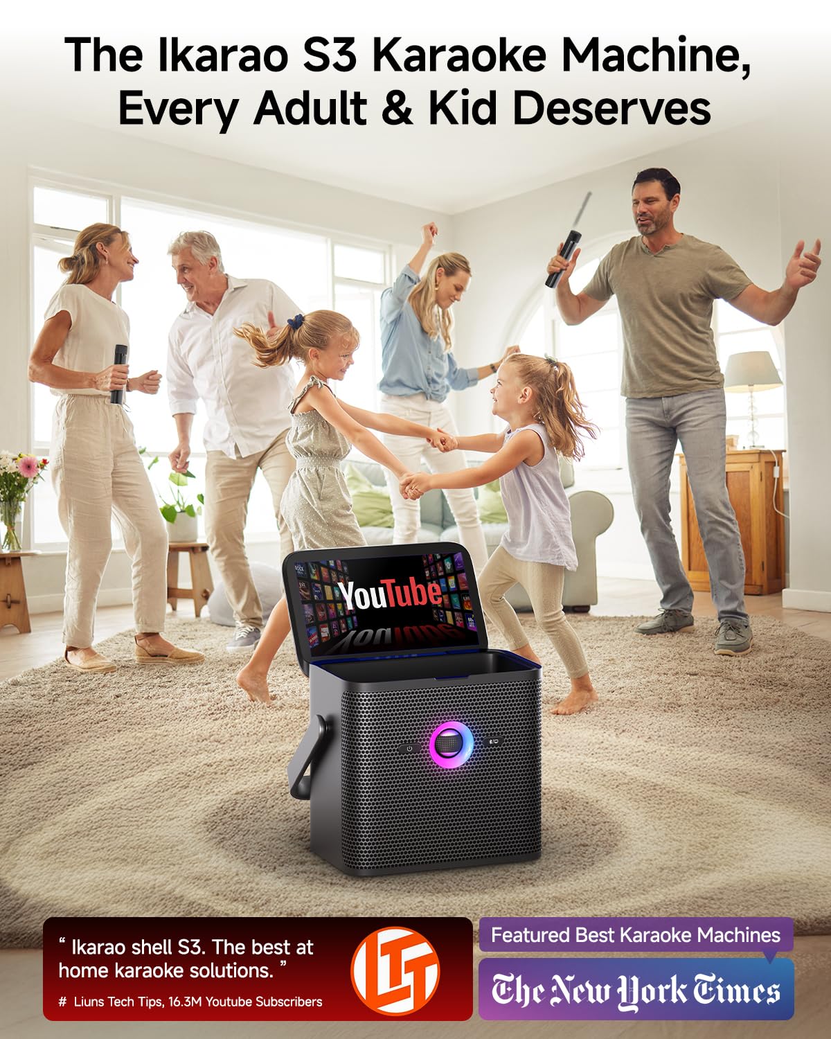 Ikarao Karaoke Machine, with Lyrics Display Screen for Adults Kids, KaraFun Prime, EQ & Autotune, WiFi Karaoke System for YouTube, Portable PA Speaker with 2 Wireless Microphones for Home Family Party