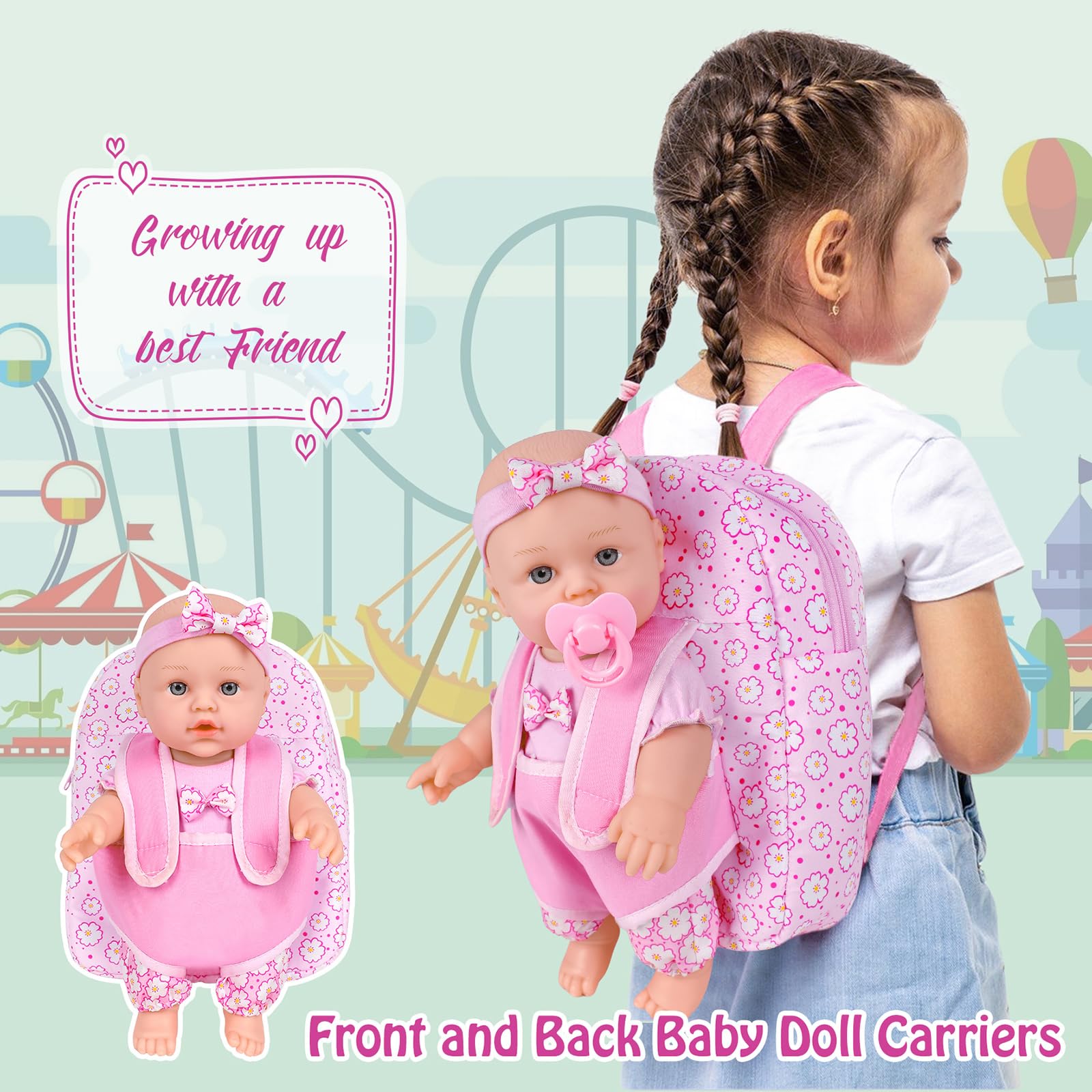 UZIDBTO 12 Inch Baby Dolls with Backpack Carrier Can Store Doll Clothes and Accessories,12