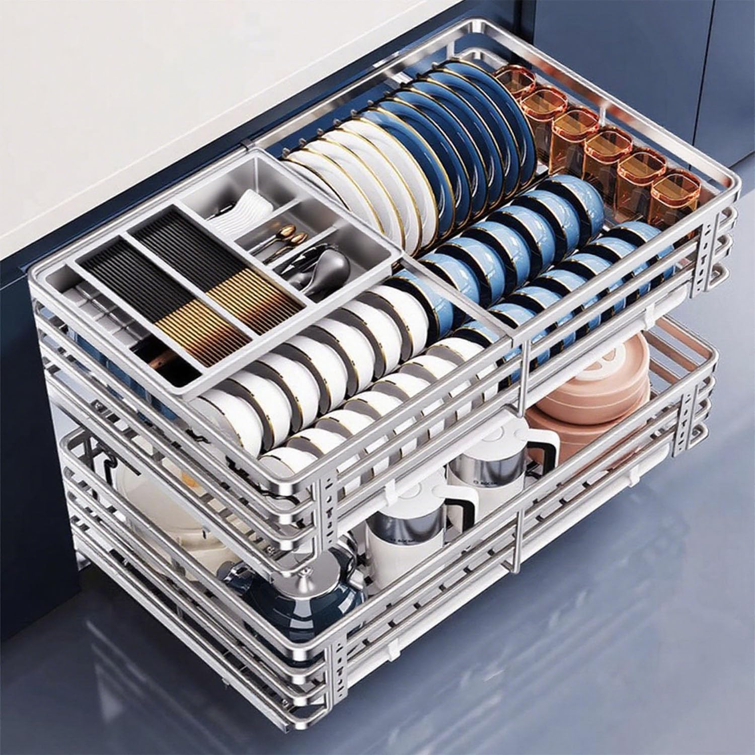 Cassetto estraibile da cucina in acciaio inox, organizer telescopico per armadietto, cestello in filo metallico antiruggine, guide ammortizzanti e vaschetta di raccolta, salvaspazio, argento - 490x4