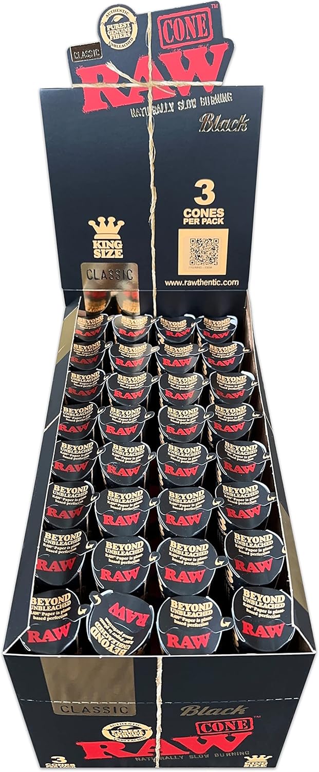 RAW Classic Black Natural Prerolled Cigarette Paper Cones with Tips | King Size | Full Box (32 Packs of 3 Cones, 96 Total) | Includes Pre Rolled Cones and ARC Scoop Card