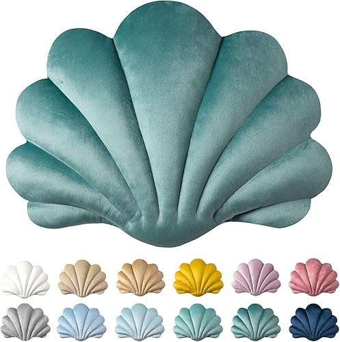 Ashler - Almohadas 3D con forma de concha, cojín de terciopelo suave incluido para sofá, cama, sala de estar, paquete de 1, azul lago, 18 x 13