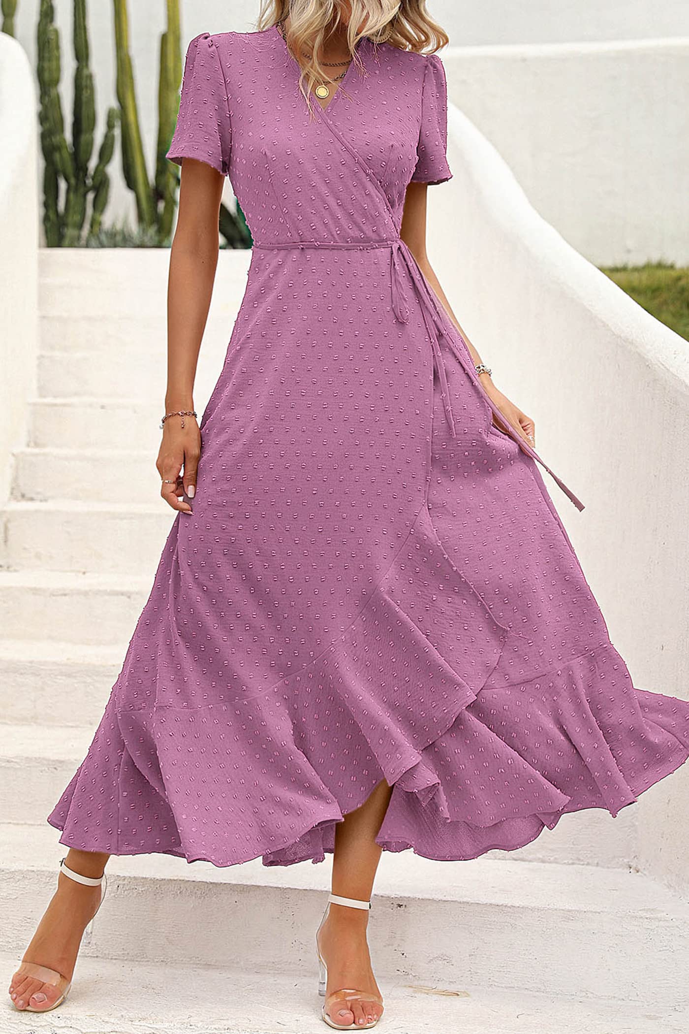 PRETTYGARDEN Women's Boho Floral Maxi Dress Summer Short Sleeve Wrap V Neck Long Flowy Beach Vacation Wedding Guest Dresses: Z_purple Large