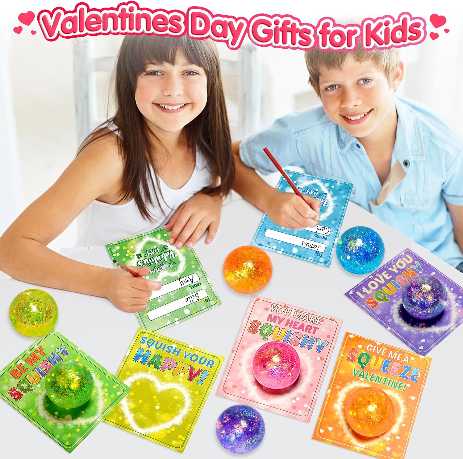 24 Pack Valentines Day Gifts for Kids Classroom with Stress Ball, Valentines Day Cards for Kids School Stress Relief Squishy Valentines Toy, Valentines Cards for Kids Classroom Exchange Party Favors