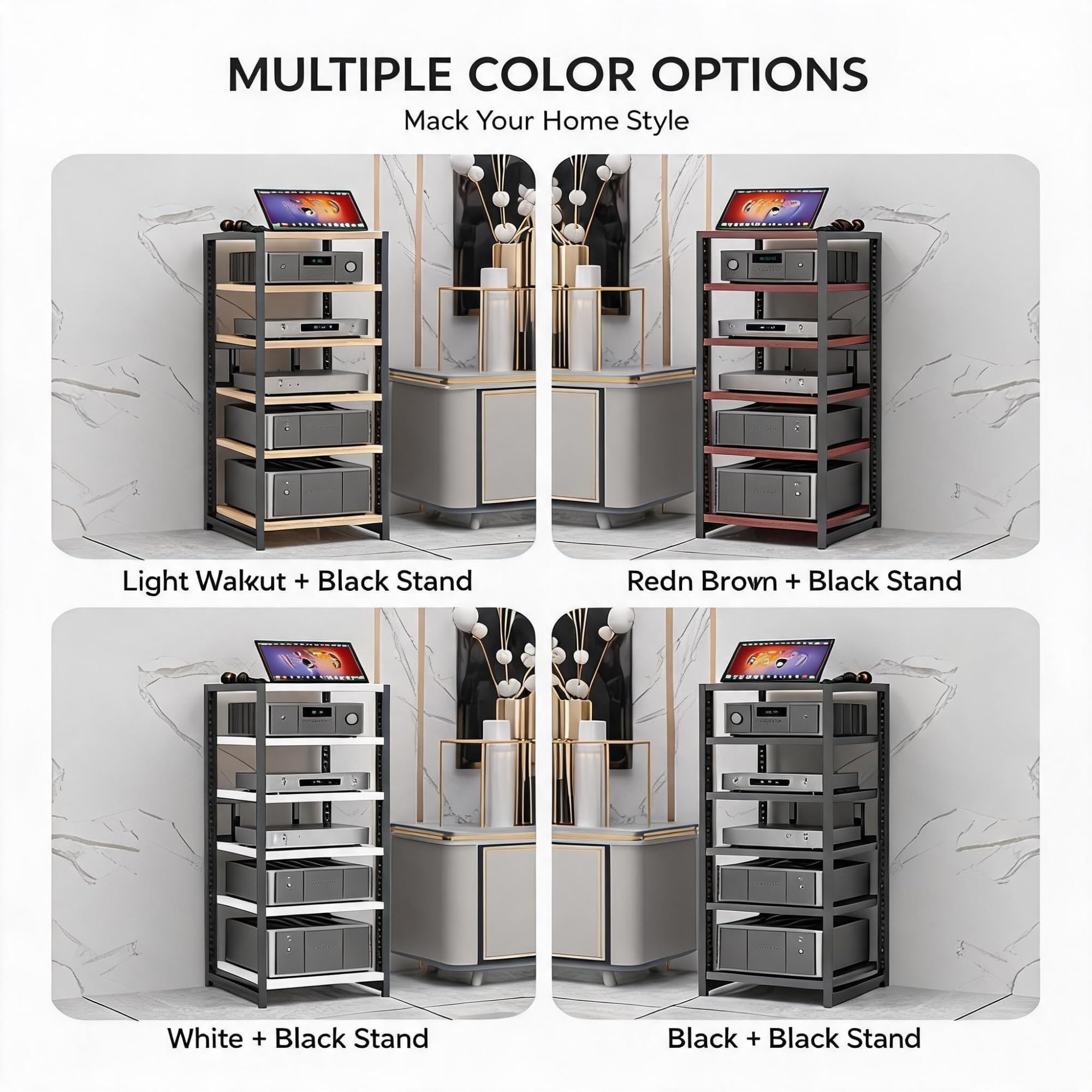 Étagère pour matériel Audio (Disponible en 3/4/5/6 Niveaux) — Support pour Enceintes stéréo, Support pour équipements Audio, Meuble Audio Ouvert(Black,6 Layer)