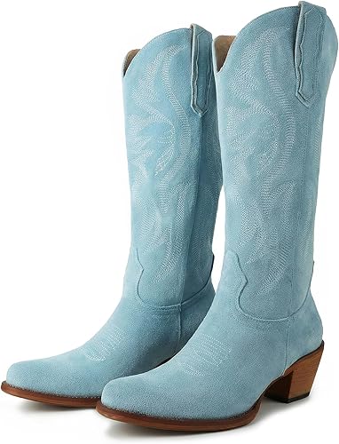 KaroNairy Cowboy Boots for Women Mid Calf Western Cowgirl Boots Embroidered Poin