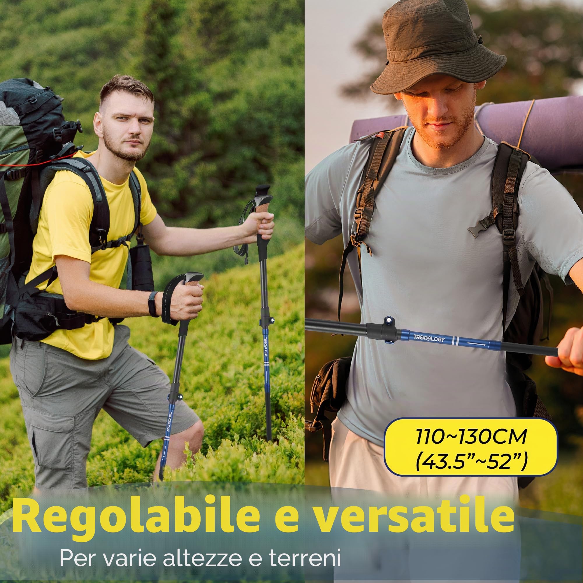TREKOLOGY TREKZ Cork SE 2PCS Bastoncini Trekking Pieghevoli con Impugnatura in Sughero - Leggeri Retrattili per Nordic Walking, Zaino in Spalla, Campeggio, Hiking, Accessori
