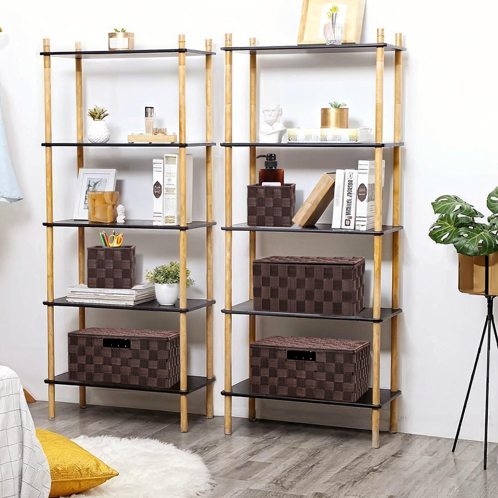 Lote de 8 Cajas de Almacenaje, Cesta para El Baño, Cestas de Polipropileno Tejido, Varios Tamaños, 4 con Tapa 4 sin Tapa, Moderna Caja de Almacenaje para Armarios, Tocadores (Marrón)