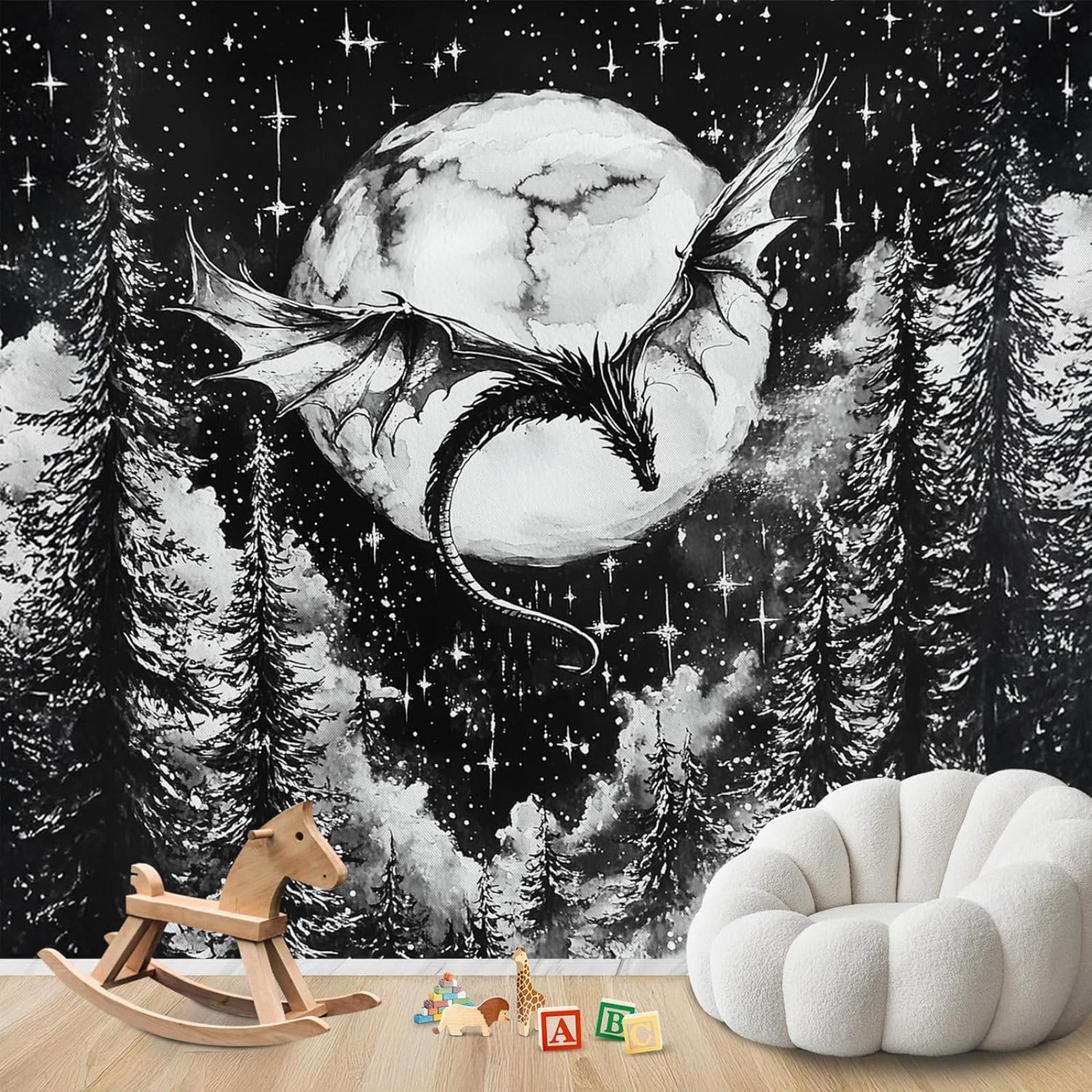 Fototapeta z motywem smoka, sypialni, zwierzęta fantasy, 3D, tapeta z włókniny, czarno-biały, las, księżyc, gwiazdy, dekoracja ścienna, do pokoju dziecięcego, tapeta ścienna, tapeta z wzorem, 300 cm x
