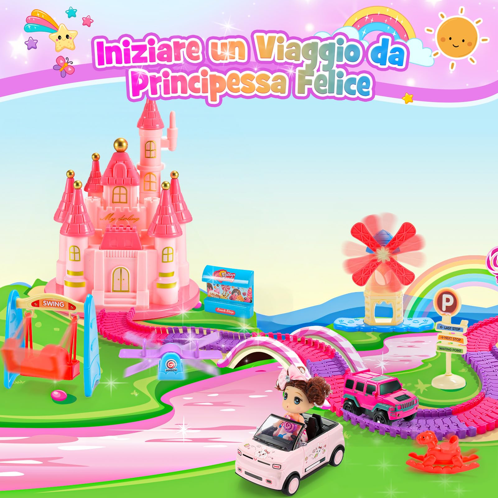 iKidiki Regalo Bambina 3 4 5 6 7 8 Anni, Pista Macchinine 3-8 Anni Giochi Bambina 3-8 Anni Femmina Piste Macchinine per Bambini Giocattoli Bambina Gioco Bimba Unicorno Bambina Regalo