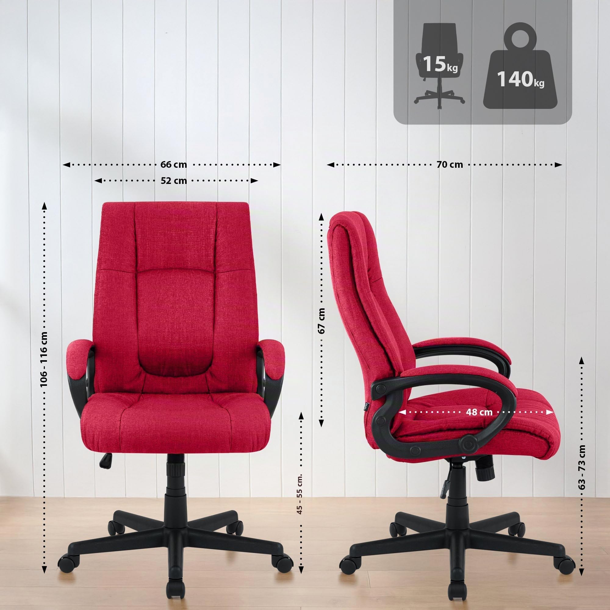 CLP Bürostuhl ergonomisch mit Rollen und Höhenverstellung, Chefsessel höhenverstellbar und Wippfunktion, rückenschonend, Drehstuhl Sparta, Farbe:rot