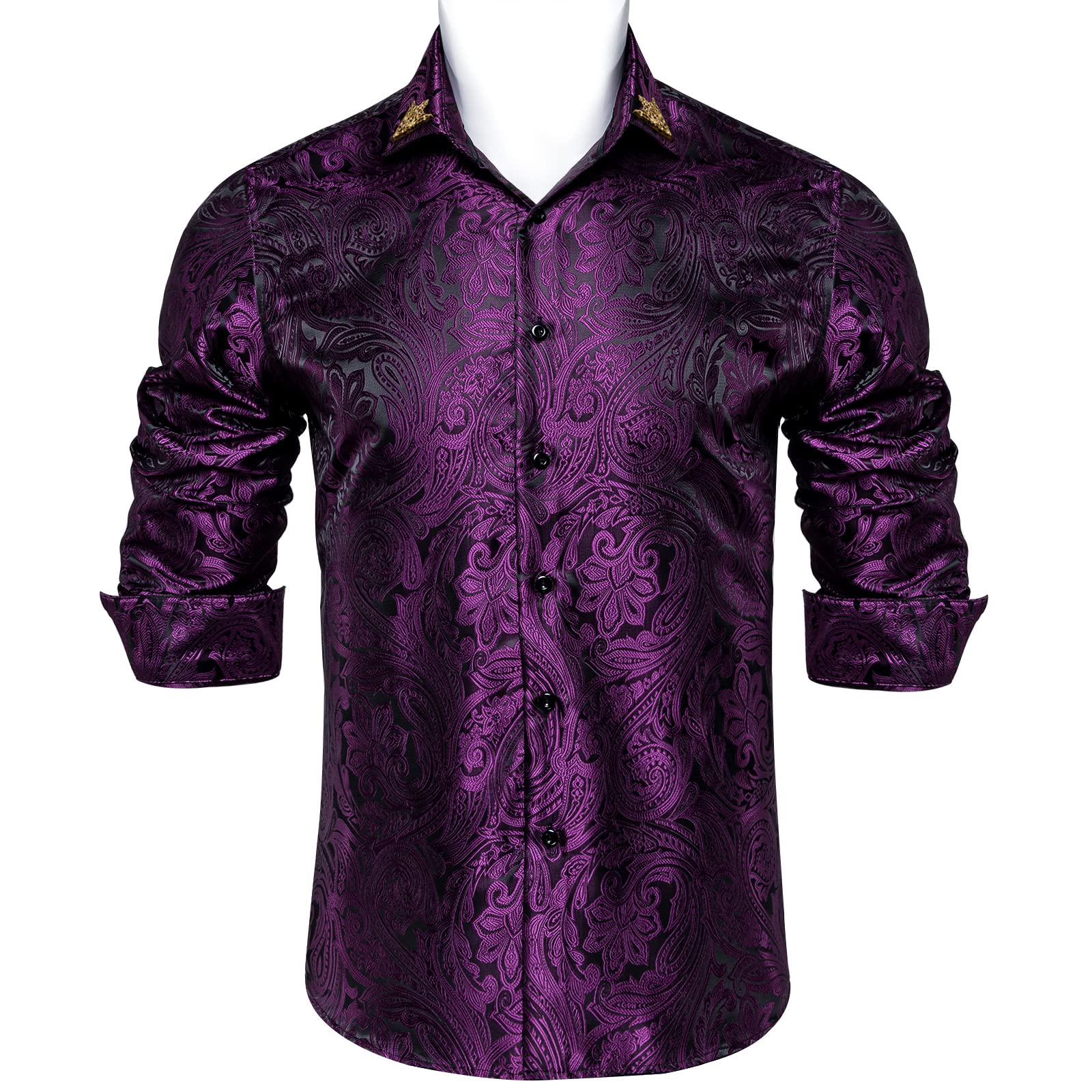 DiBanGuMens Silk Paisley Dress Shirts,Long Sleeve Button Down Shirt Casual Regular Fit Shirt for Men Wedding Party