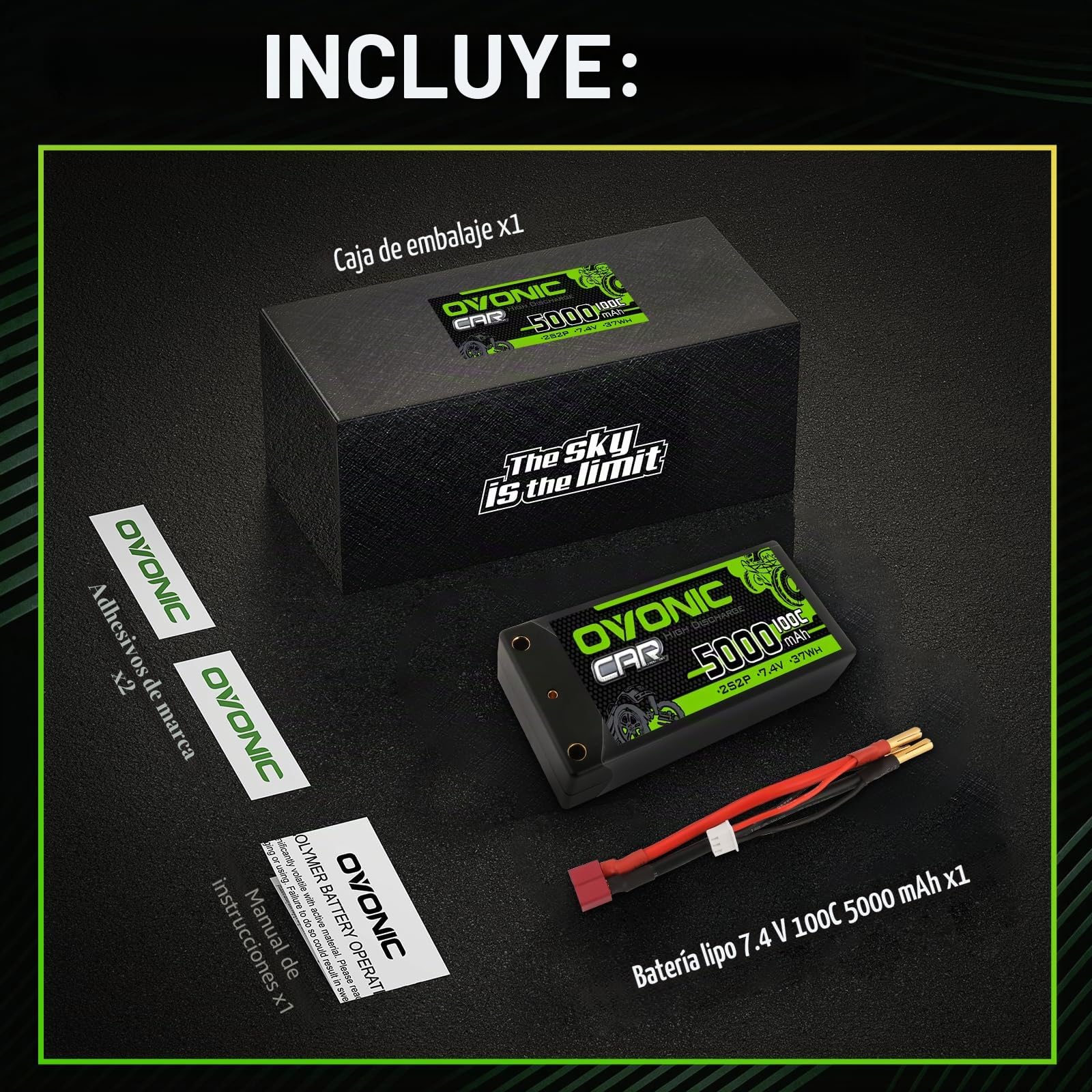 OVONIC 2s Lipo Batería 7,4 V 5000mAh 100C Shorty Lipo Batería Estuche de carcasa dura con conector de bala de 4 mm para vehículos RC a escala 1:10